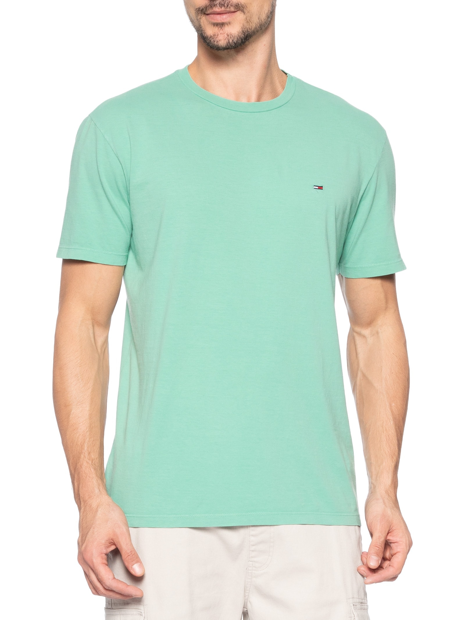 Camiseta Masculina Básica Bandeira Alongada Regular Fit Em Algodão Verde Tommy Jeans