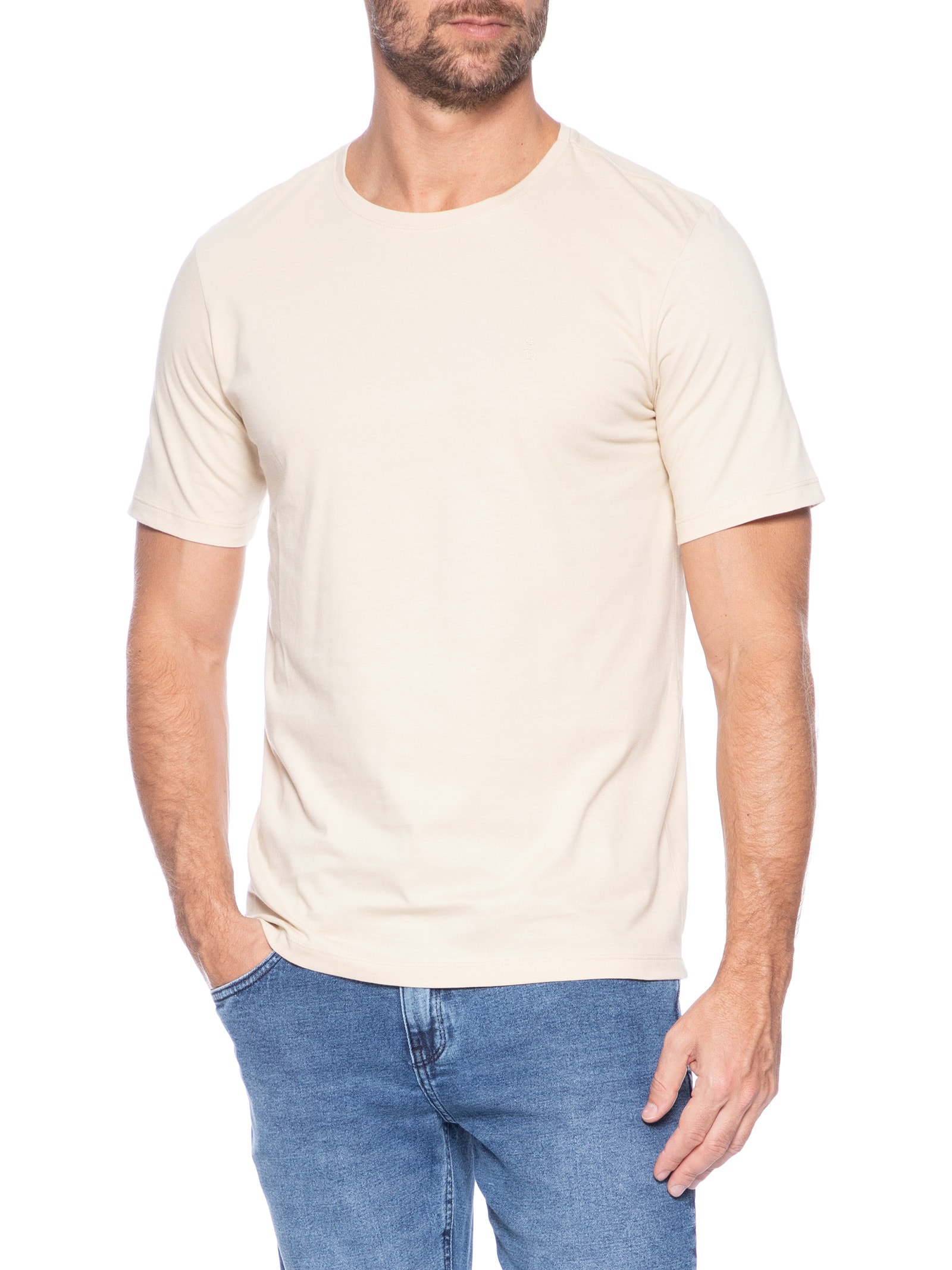 Camiseta Masculina Básica De Algodão Gola Careca Bege Sergio K