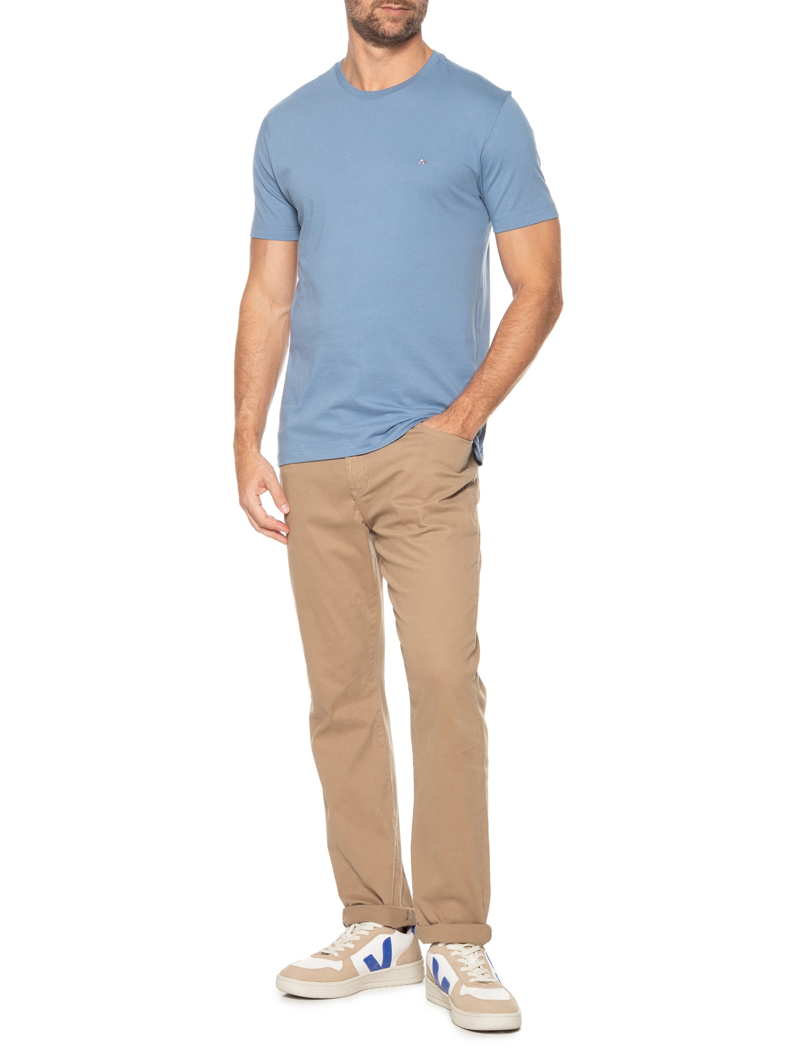 Camiseta Masculina Básica em Algodão Azul Acinzentado Aramis