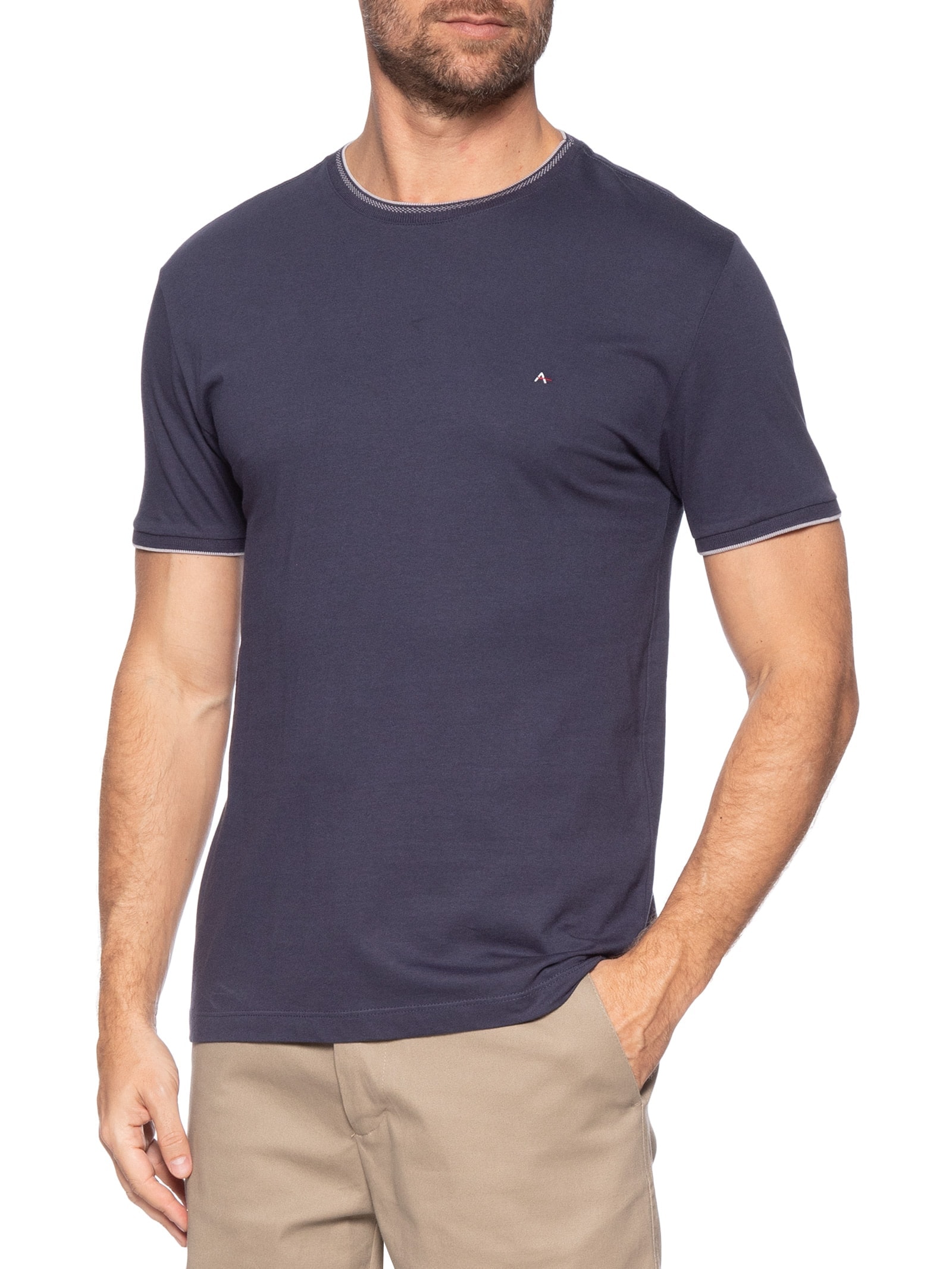 Camiseta Masculina Básica Em Algodão Com Friso Azul Aramis