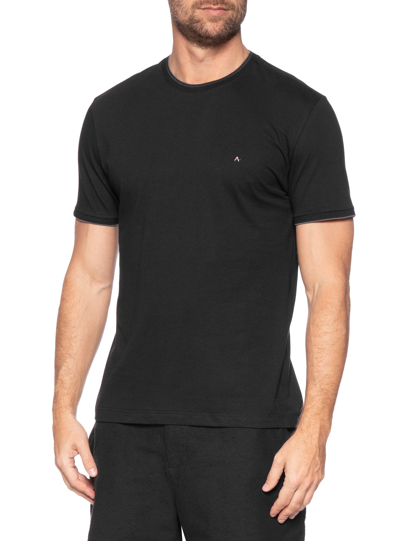 Camiseta Masculina Básica Em Algodão Com Friso Preto Aramis