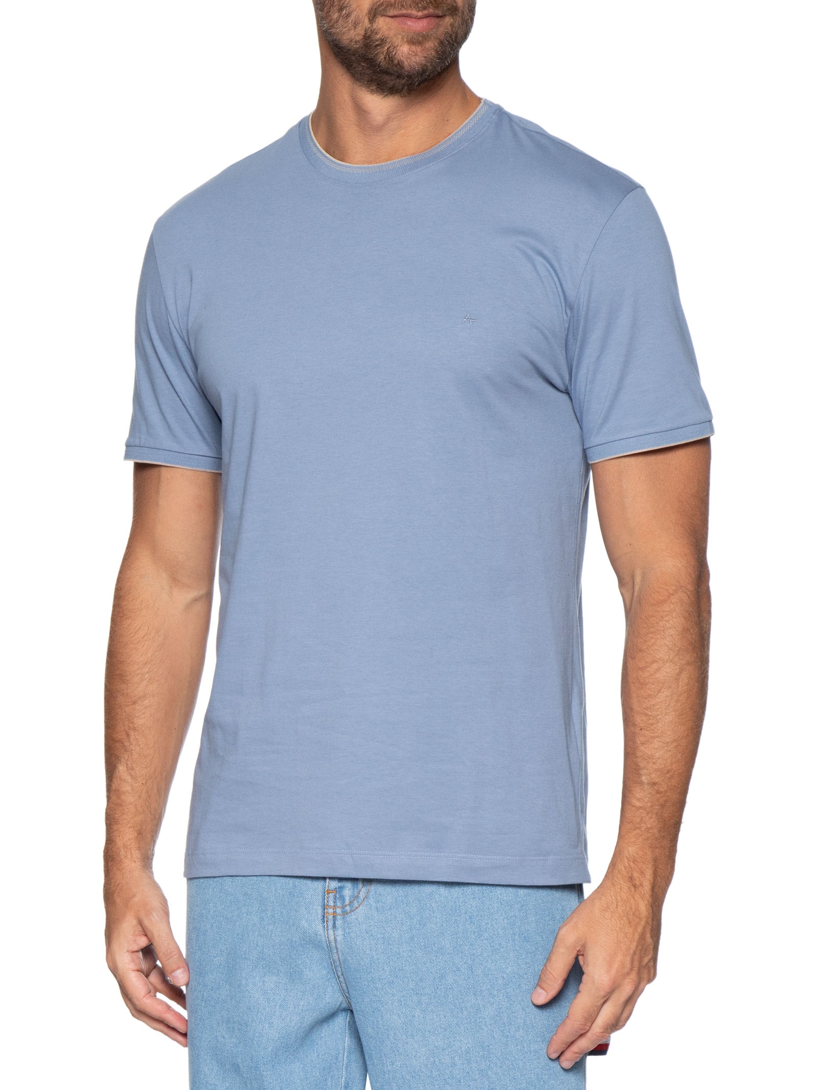 Camiseta Masculina Básica Friso Na Gola Azul Aramis
