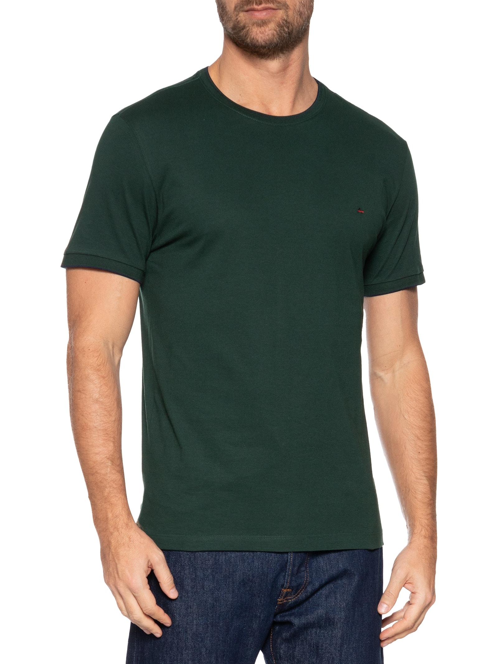 Camiseta Masculina Básica Friso na Gola Verde  Aramis