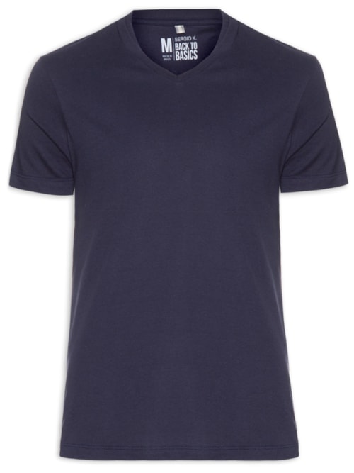 Camiseta Masculina Básica Gola V Em Algodão – Azul