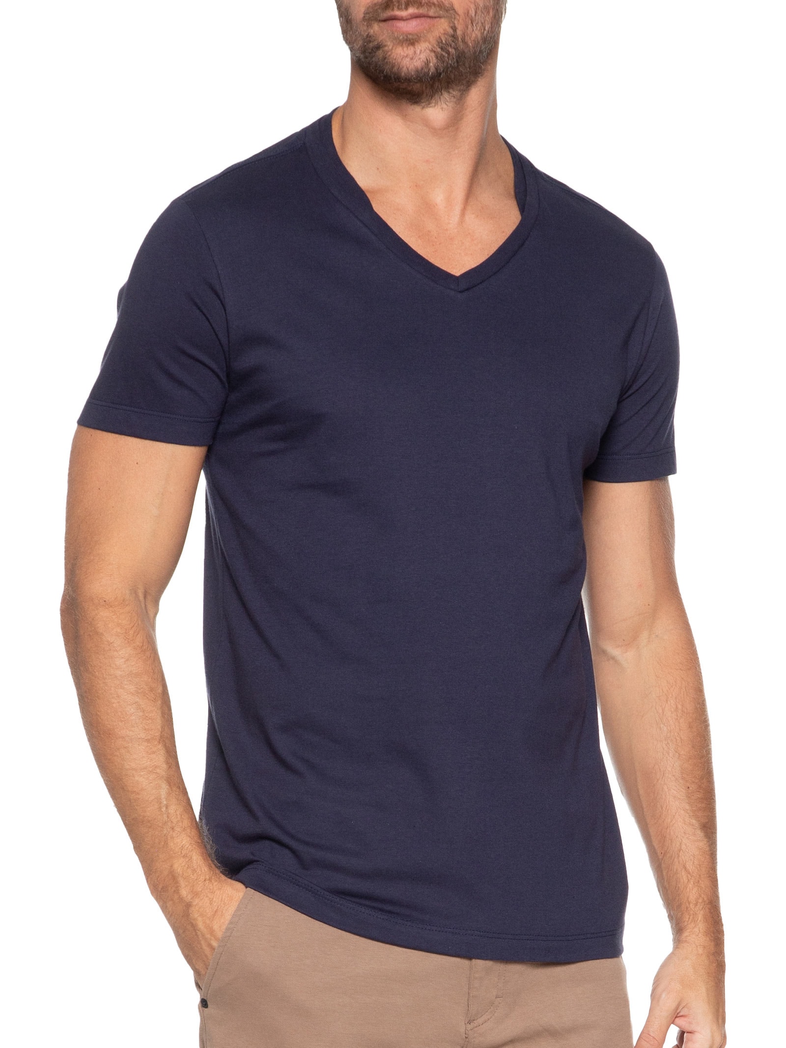 Camiseta Masculina Básica Gola V Em Algodão Azul Sergio K