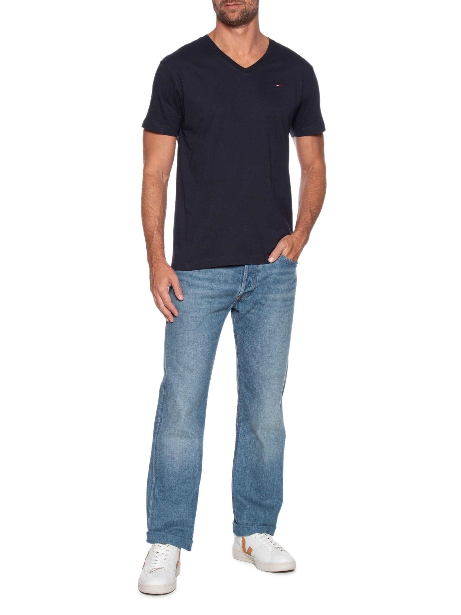 Camiseta Masculina Básica Gola V Regular Fit Em Algodão Azul Tommy Hilfiger