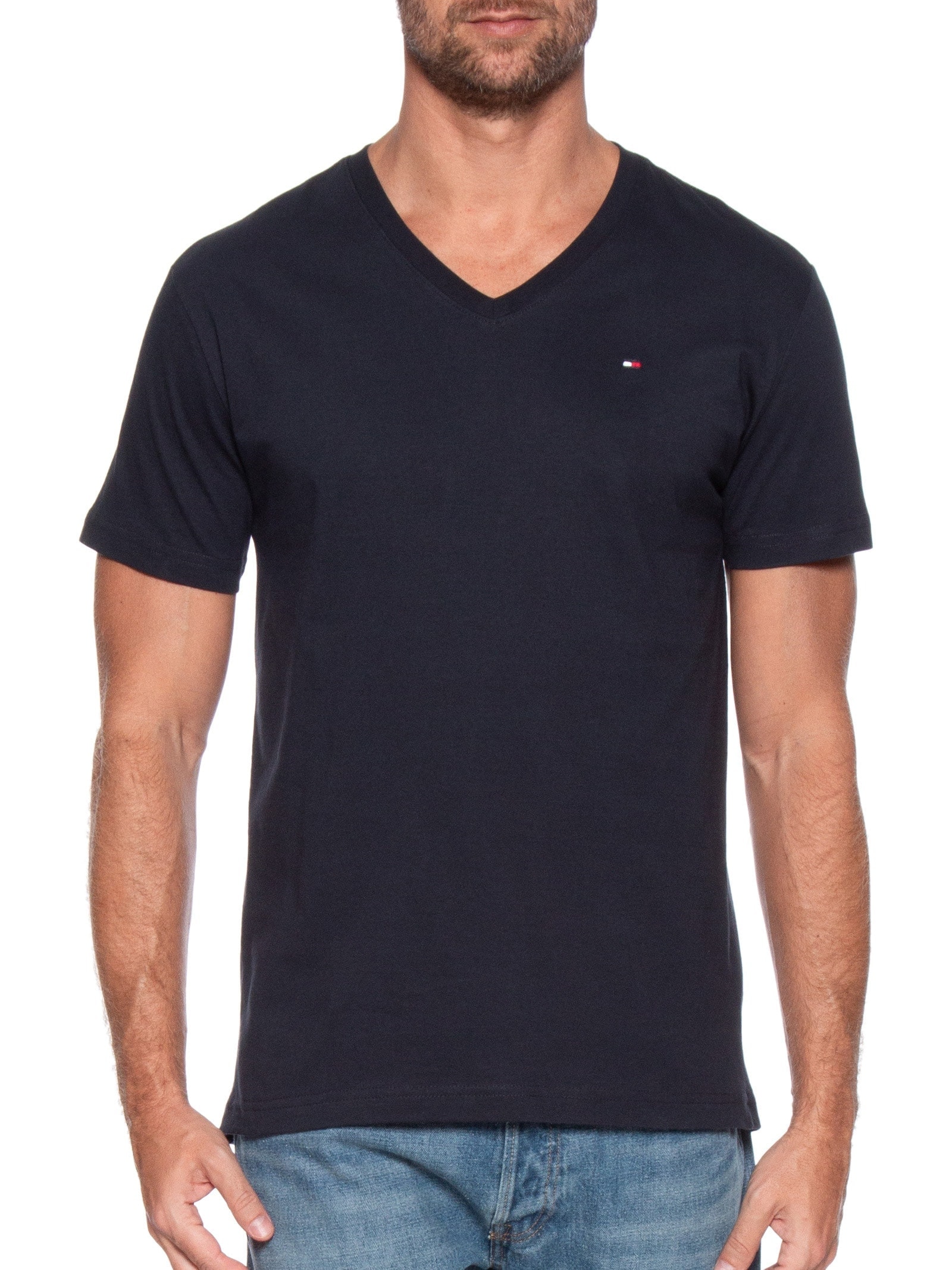 Camiseta Masculina Básica Gola V Regular Fit Em Algodão Azul Tommy Hilfiger