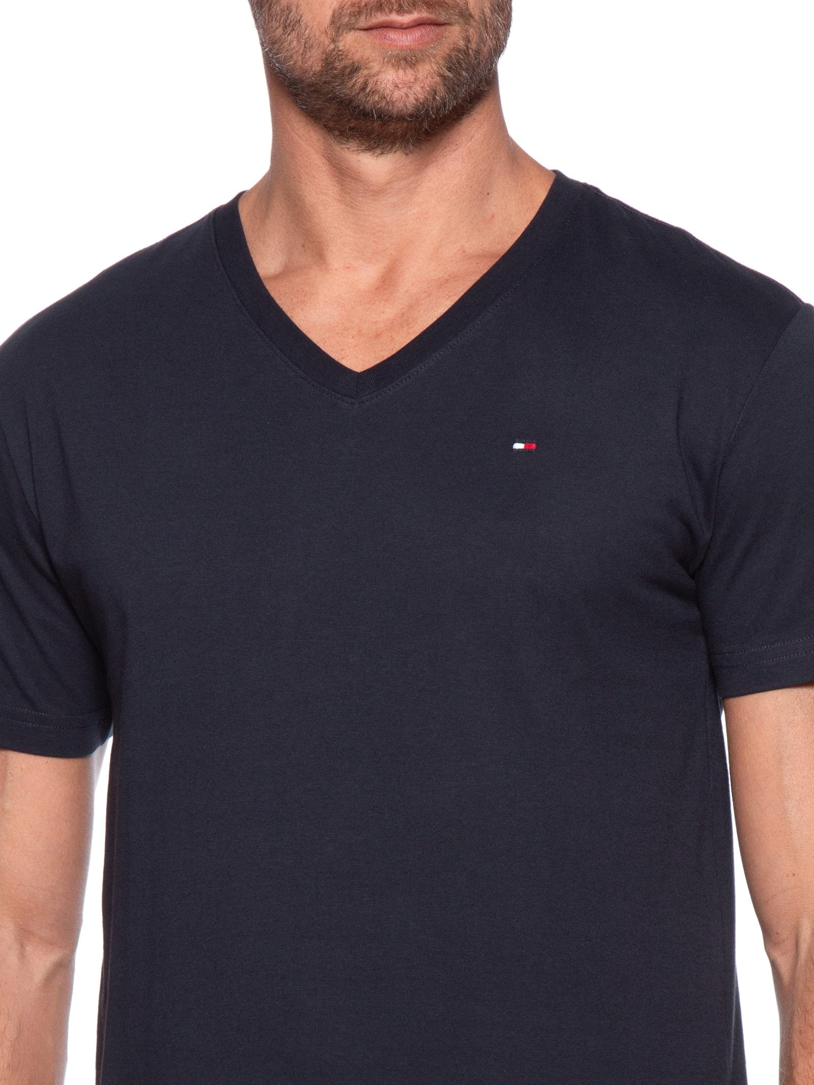 Camiseta Masculina Básica Gola V Regular Fit Em Algodão Azul Tommy Hilfiger