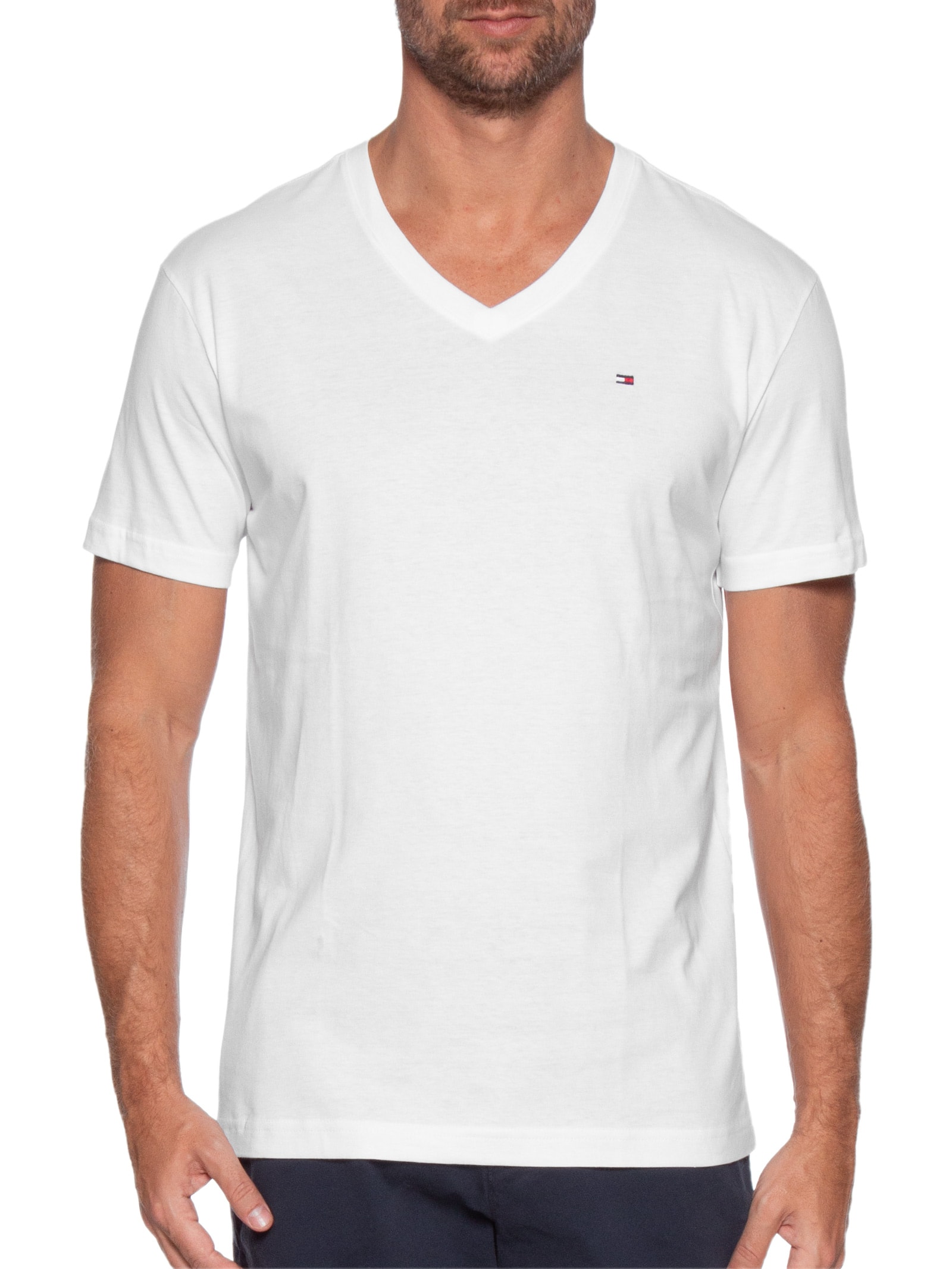 Camiseta Masculina Básica Gola V Regular Fit Em Algodão Branco Tommy Hilfiger