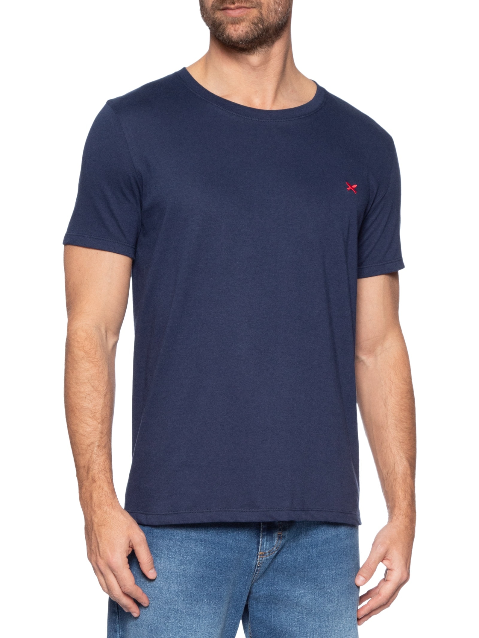 Camiseta Masculina Básica Peixe Bordado World Azul Hering
