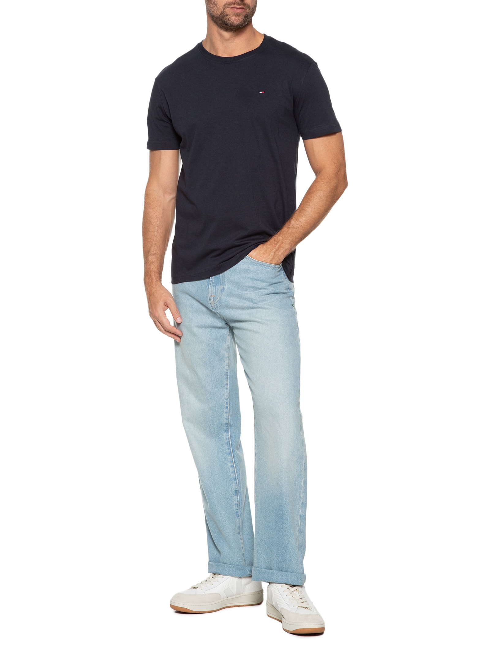 Camiseta Masculina Básica Regular Fit Em Algodão Azul Tommy Hilfiger