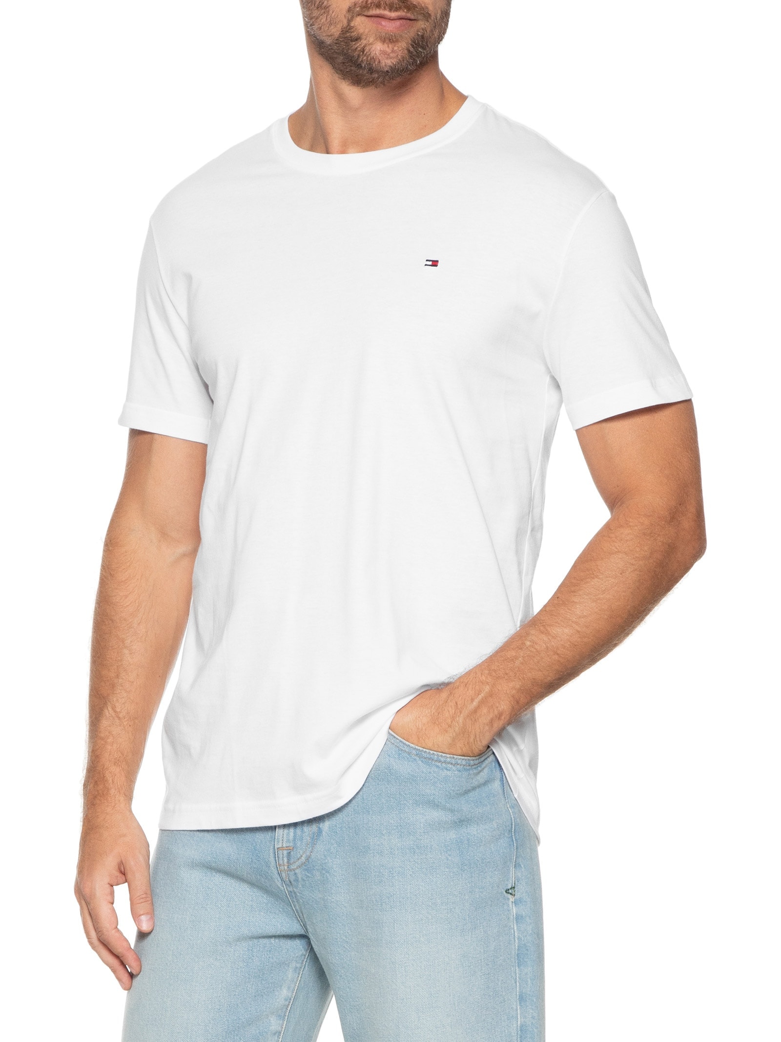 Camiseta Masculina Básica Regular Fit Em Algodão Branco Tommy Hilfiger
