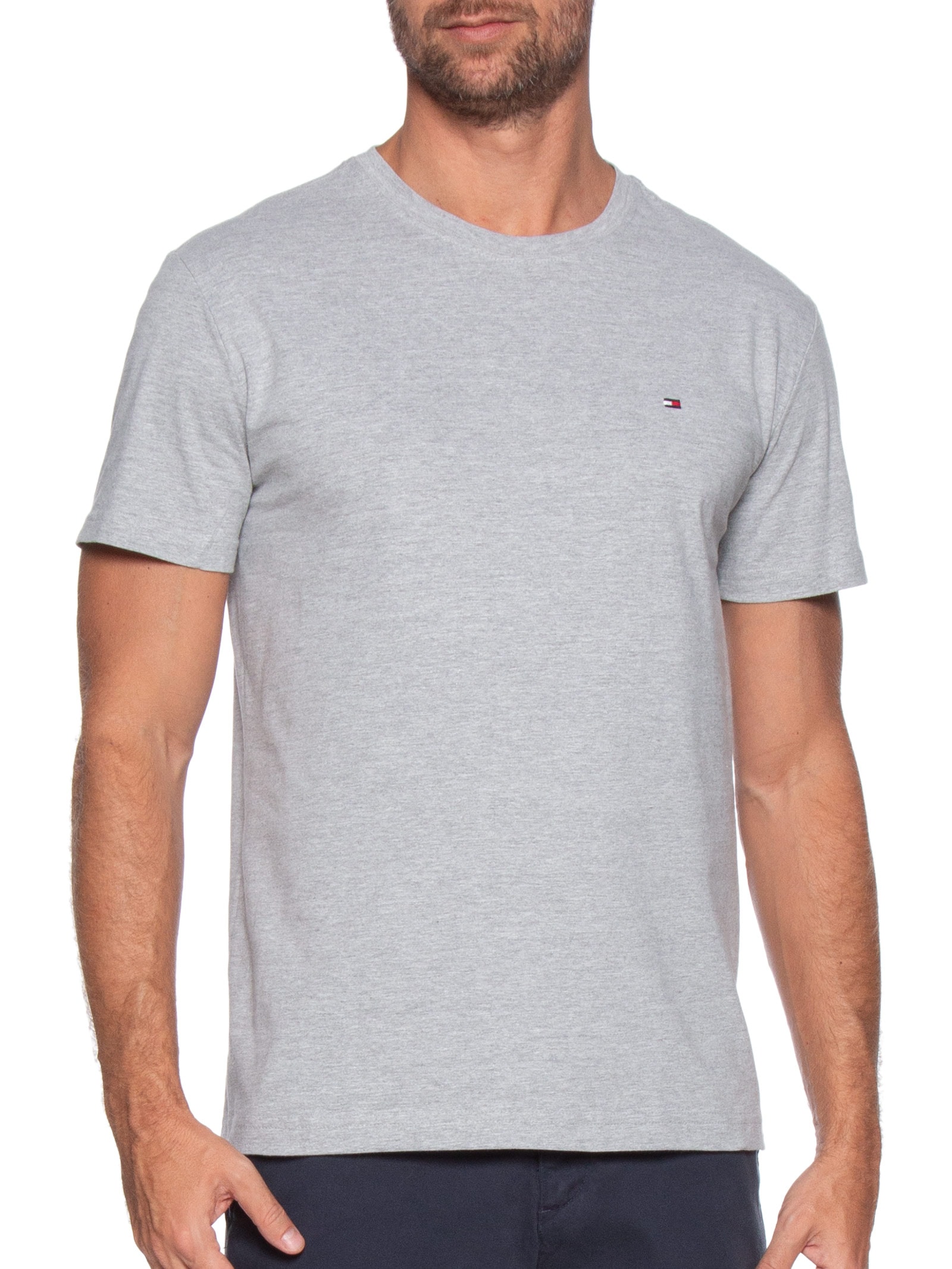 Camiseta Masculina Básica Regular Fit Em Algodão Cinza Tommy Hilfiger