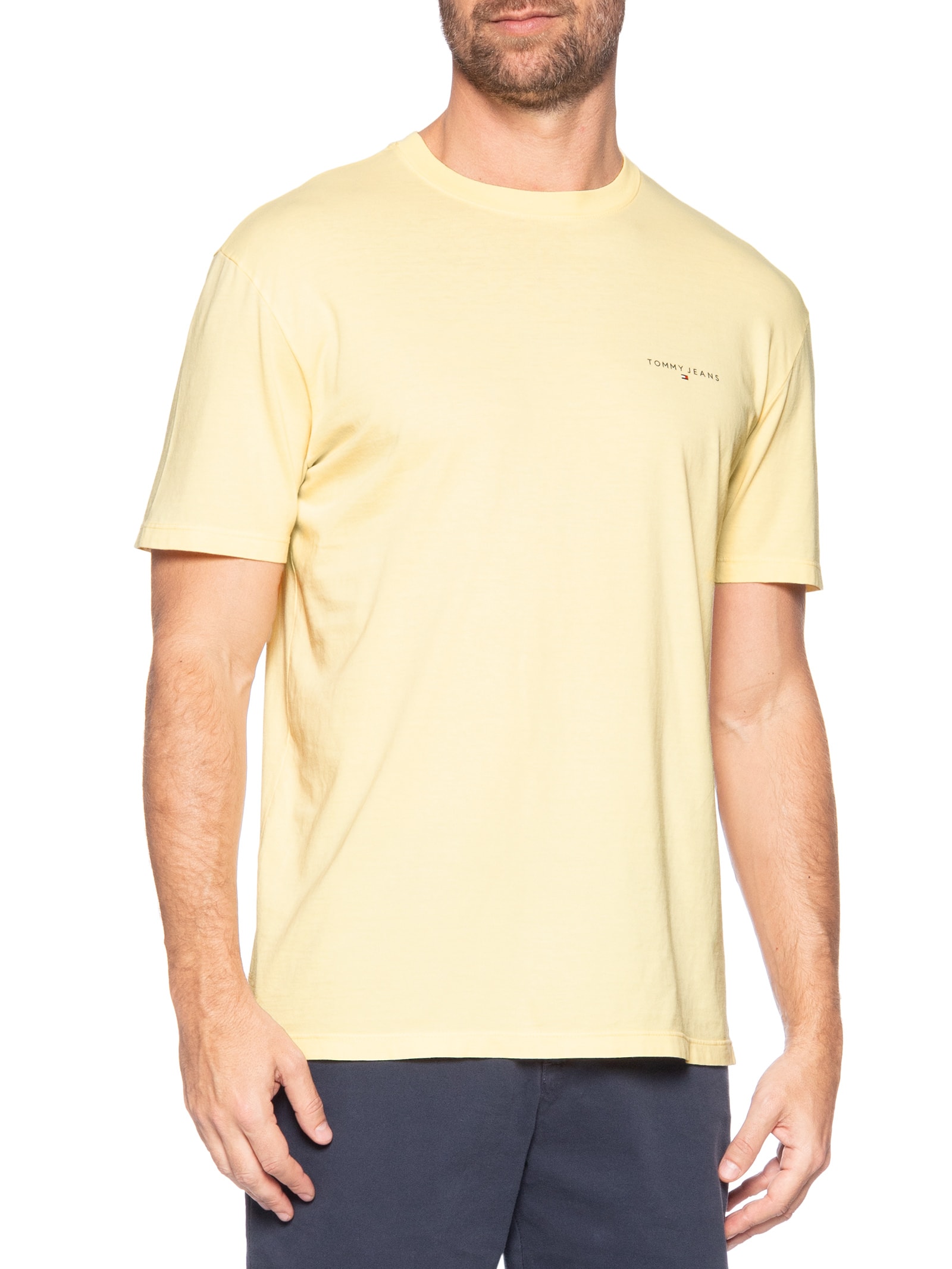 Camiseta Masculina Básica Regular Fit Linear Chest Em Algodão Amarelo Tommy Jeans