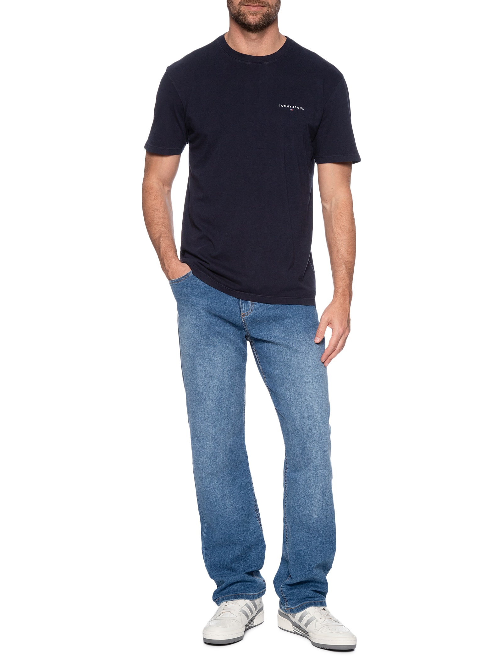 Camiseta Masculina Básica Regular Fit Linear Chest Em Algodão Azul Tommy Jeans