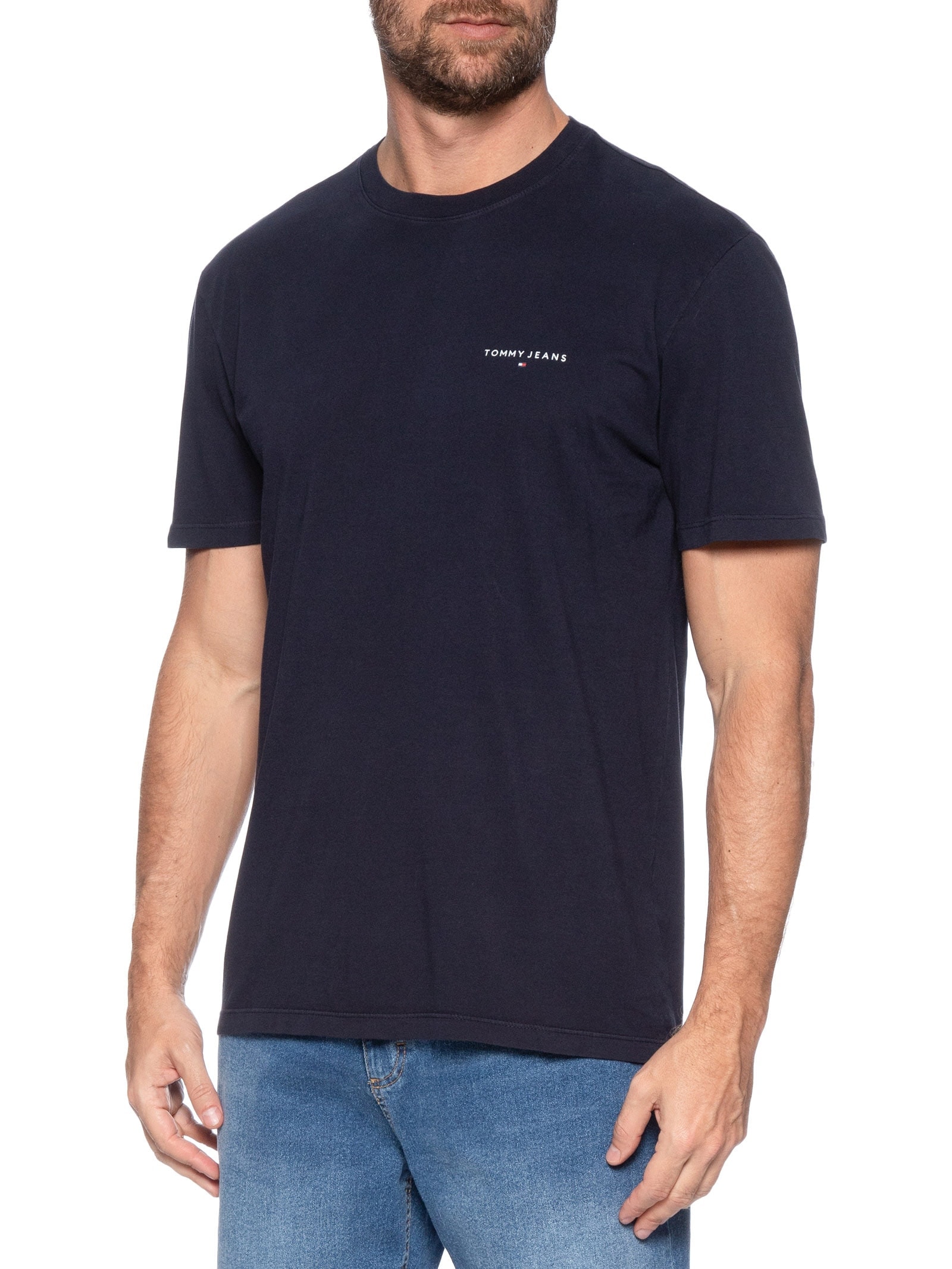 Camiseta Masculina Básica Regular Fit Linear Chest Em Algodão Azul Tommy Jeans