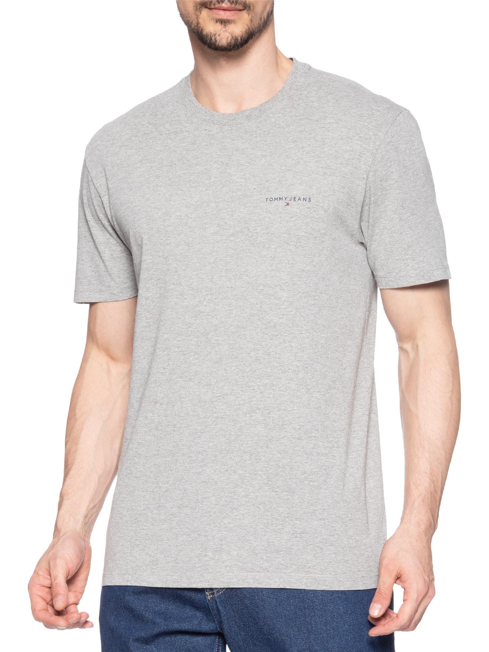 Camiseta Masculina Básica Regular Fit Linear Chest Em Algodão Cinza Tommy Jeans