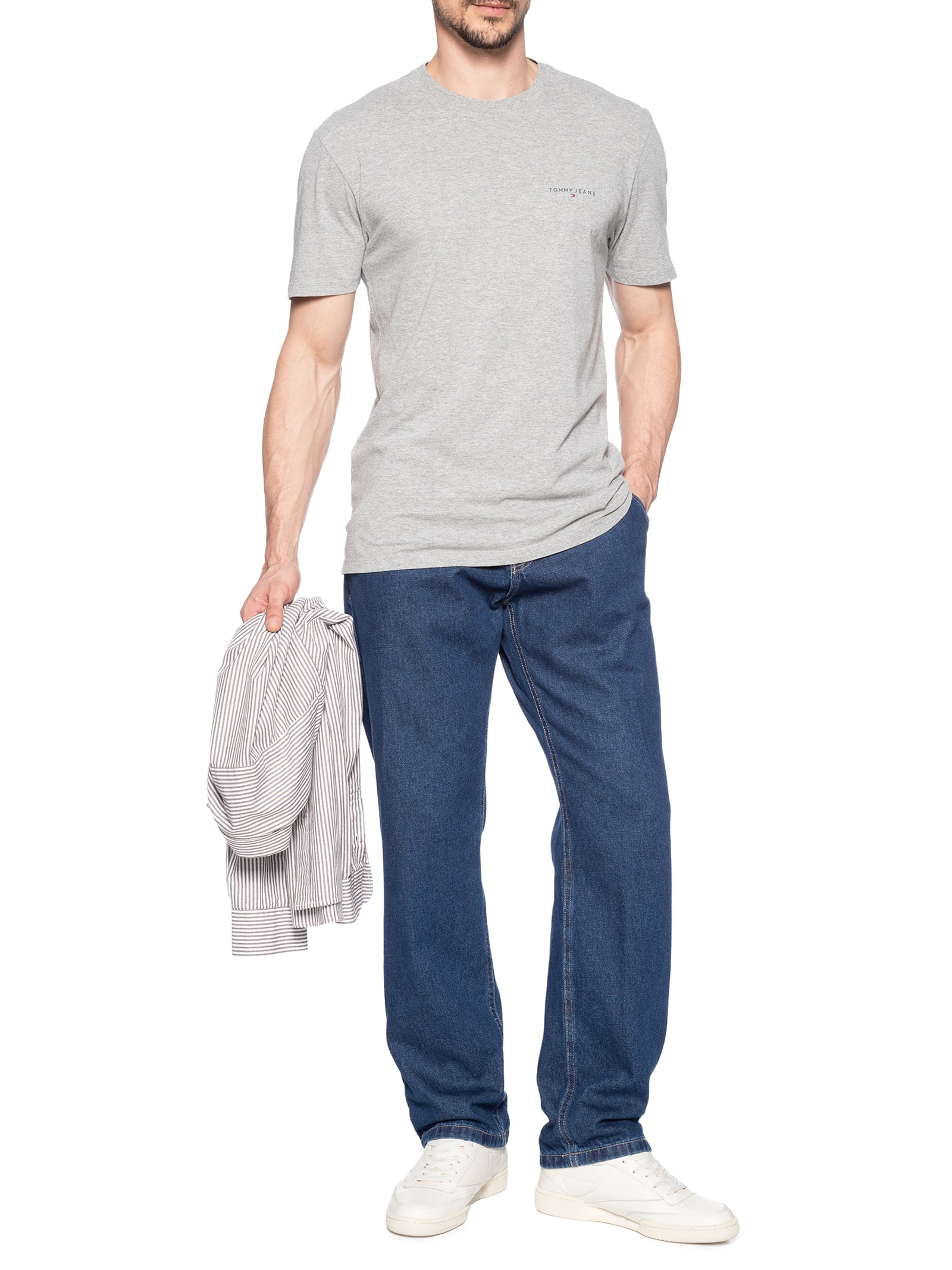 Camiseta Masculina Básica Regular Fit Linear Chest Em Algodão Cinza Tommy Jeans