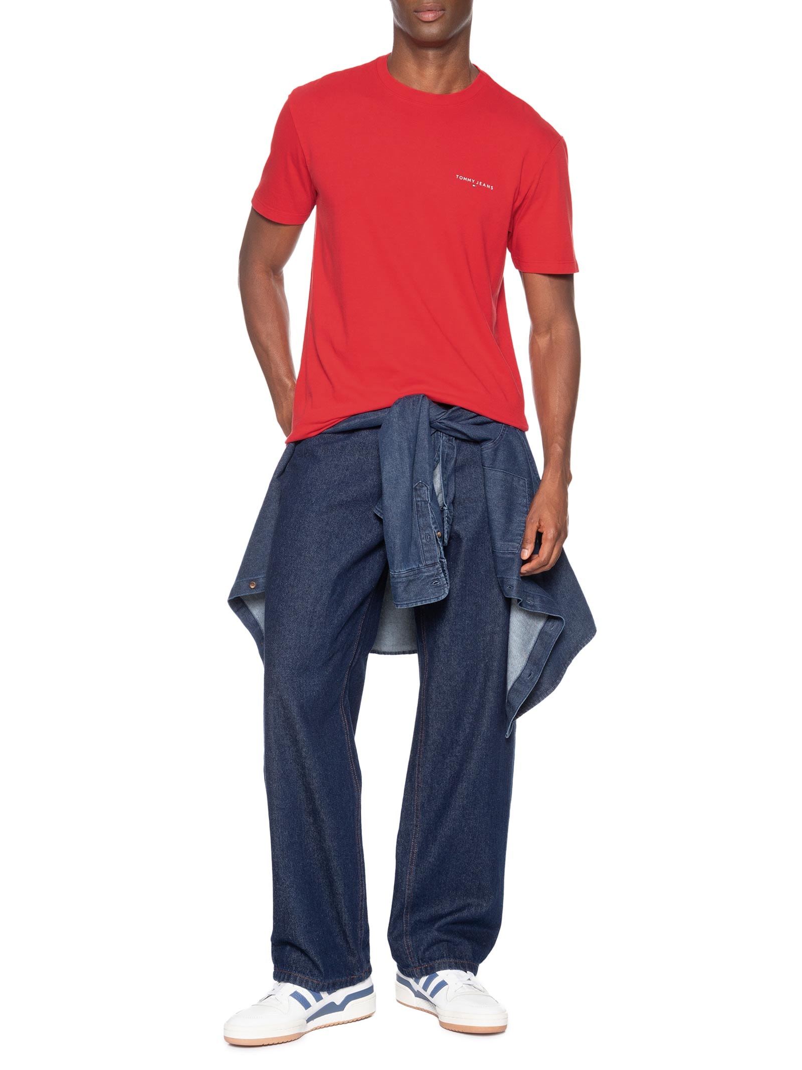 Camiseta Masculina Básica Regular Fit Linear Chest Em Algodão Vermelho Tommy Jeans