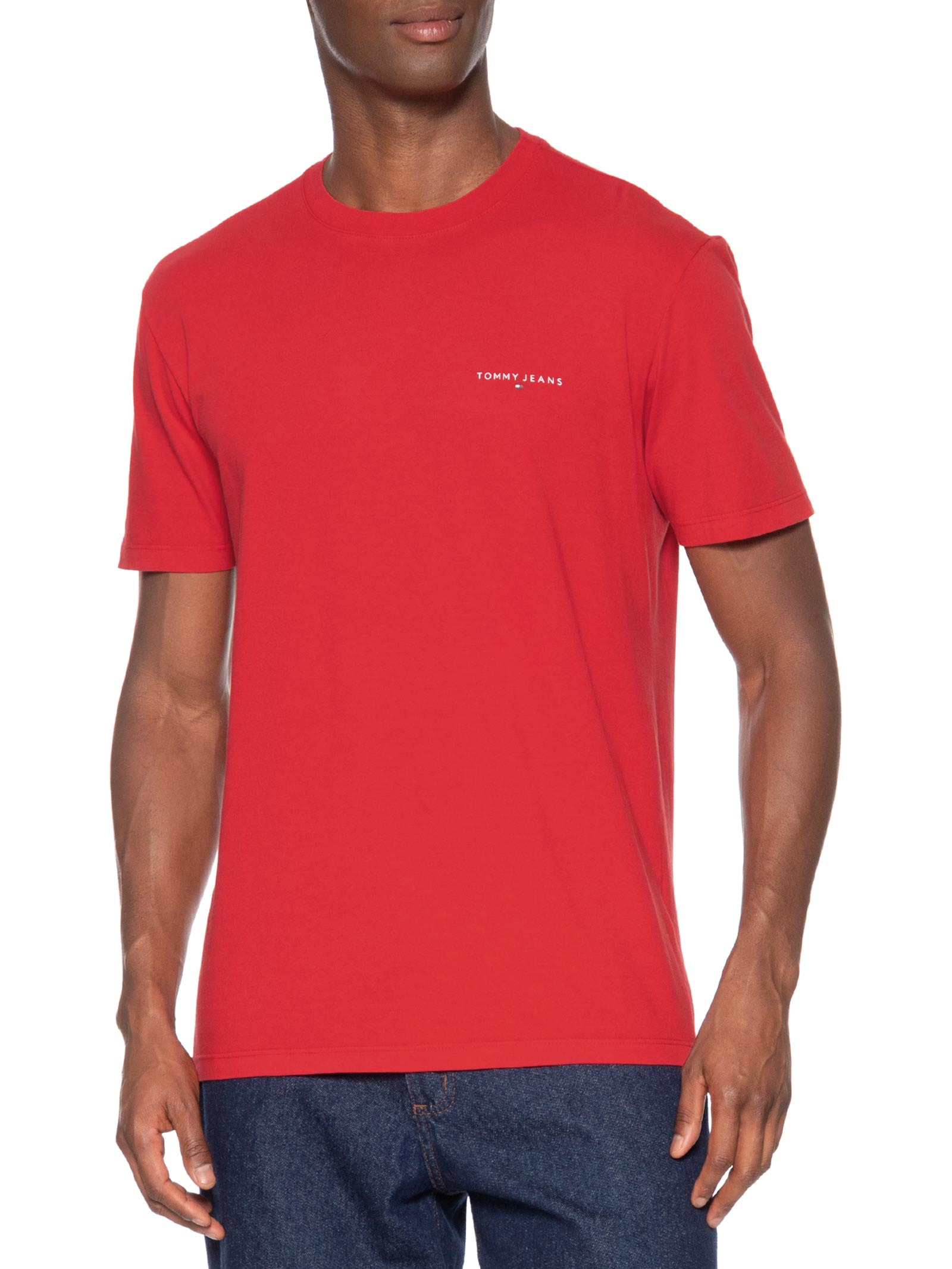Camiseta Masculina Básica Regular Fit Linear Chest Em Algodão Vermelho Tommy Jeans