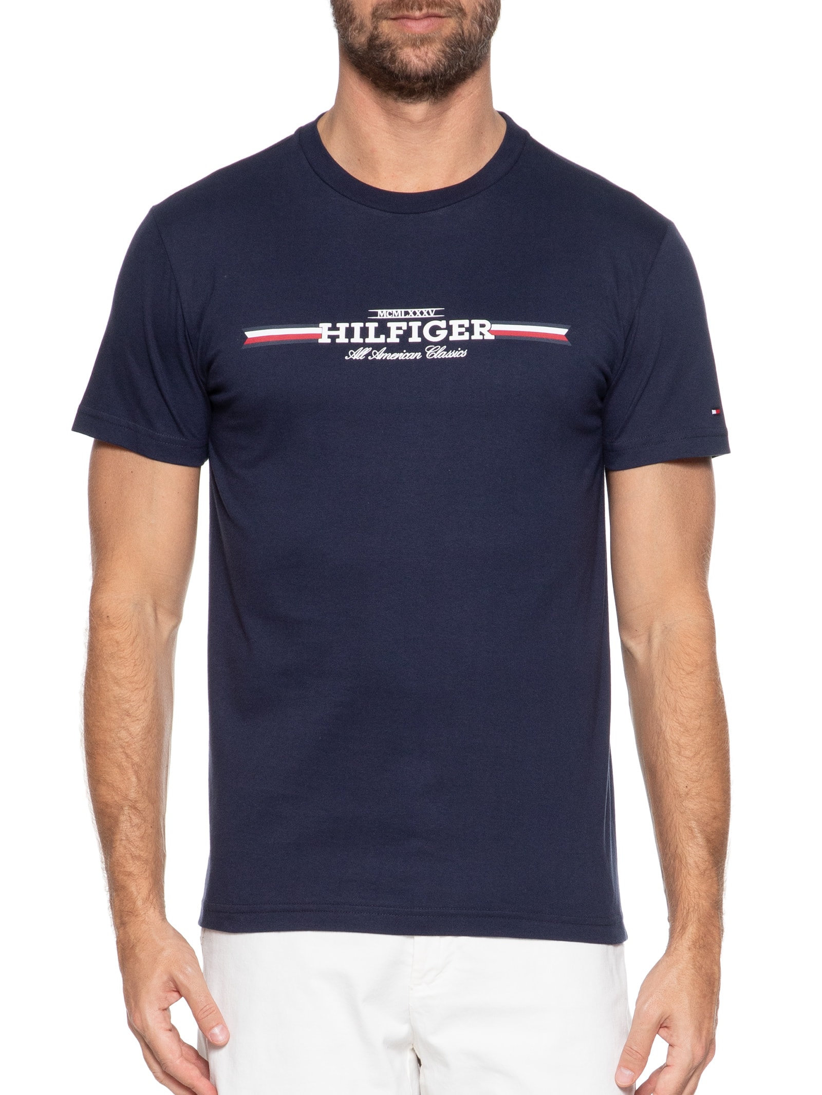 Tommy Hilfiger - Camiseta Masculina Chest Stripe Tee - Azul