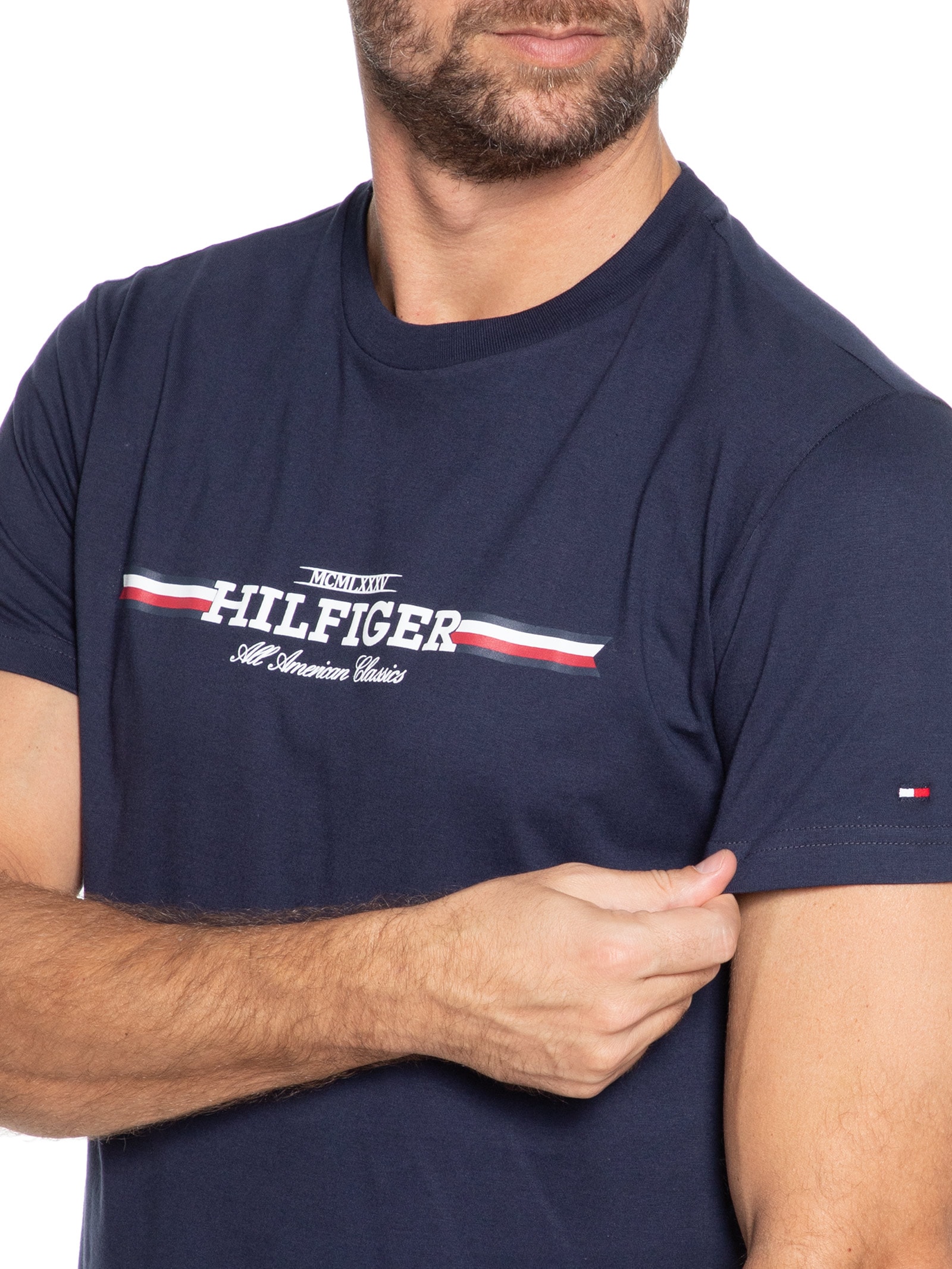 Tommy Hilfiger - Camiseta Masculina Chest Stripe Tee - Azul