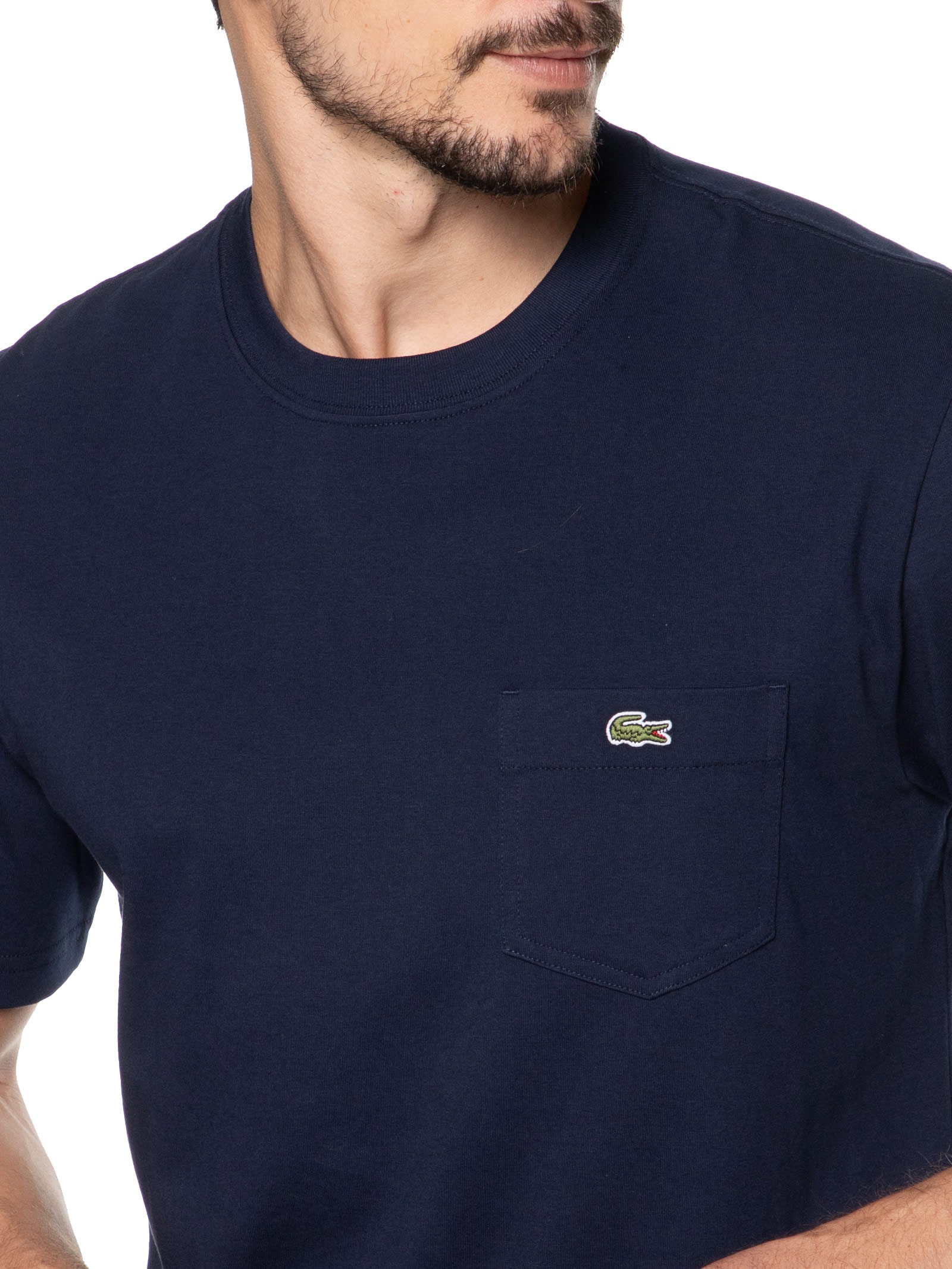 Camiseta Masculina Classic Fit Com Bolso No Peito Em Algodão Orgânico Azul  Lacoste