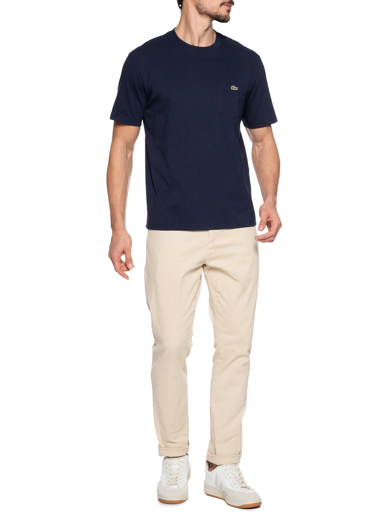 Camiseta Masculina Classic Fit Com Bolso No Peito Em Algodão Orgânico Azul  Lacoste