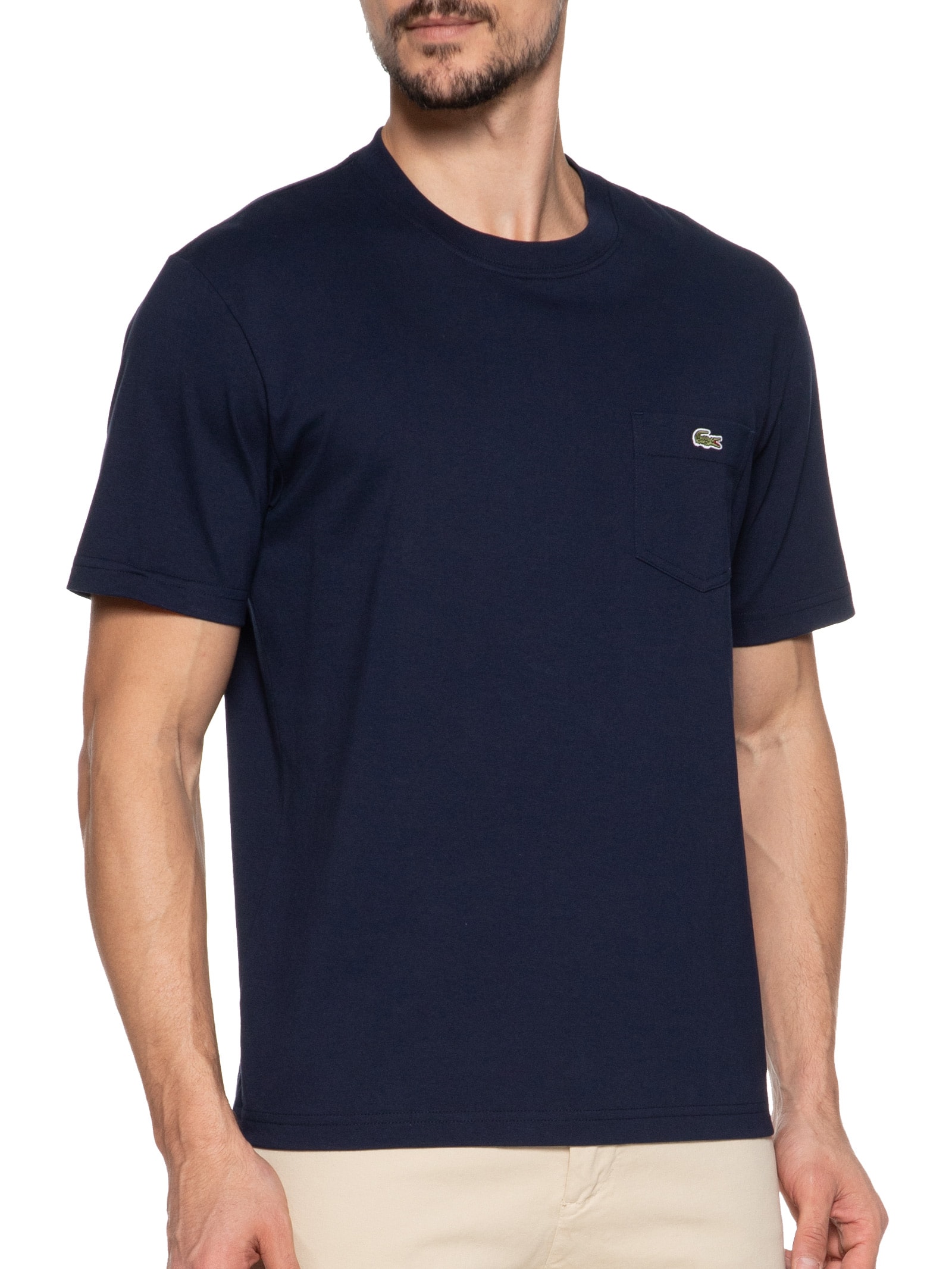 Camiseta Masculina Classic Fit Com Bolso No Peito Em Algodão Orgânico Azul  Lacoste