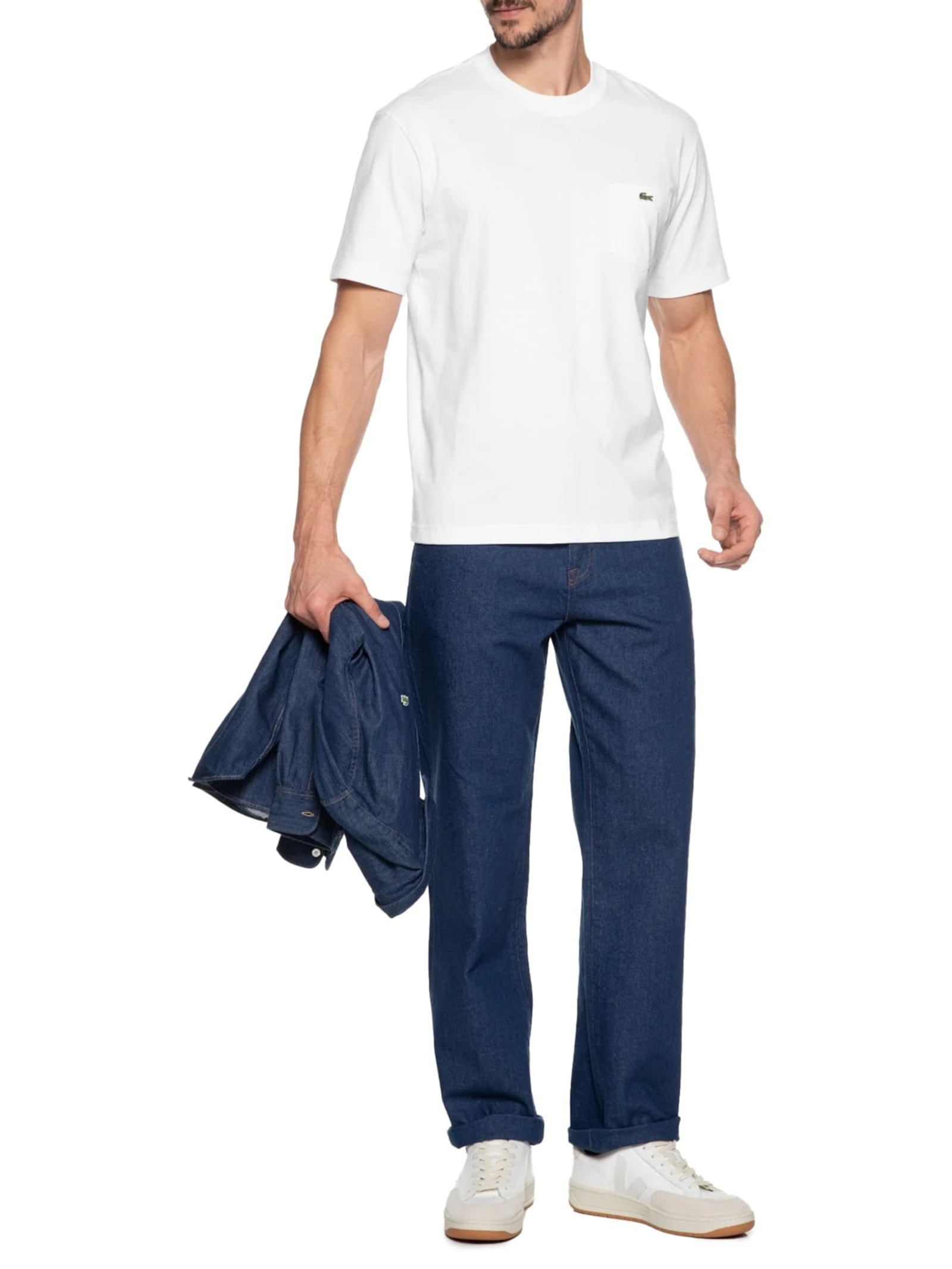Camiseta Masculina Clássic Fit Com Bolso No Peito Em Algodão Orgânico Branco  Lacoste