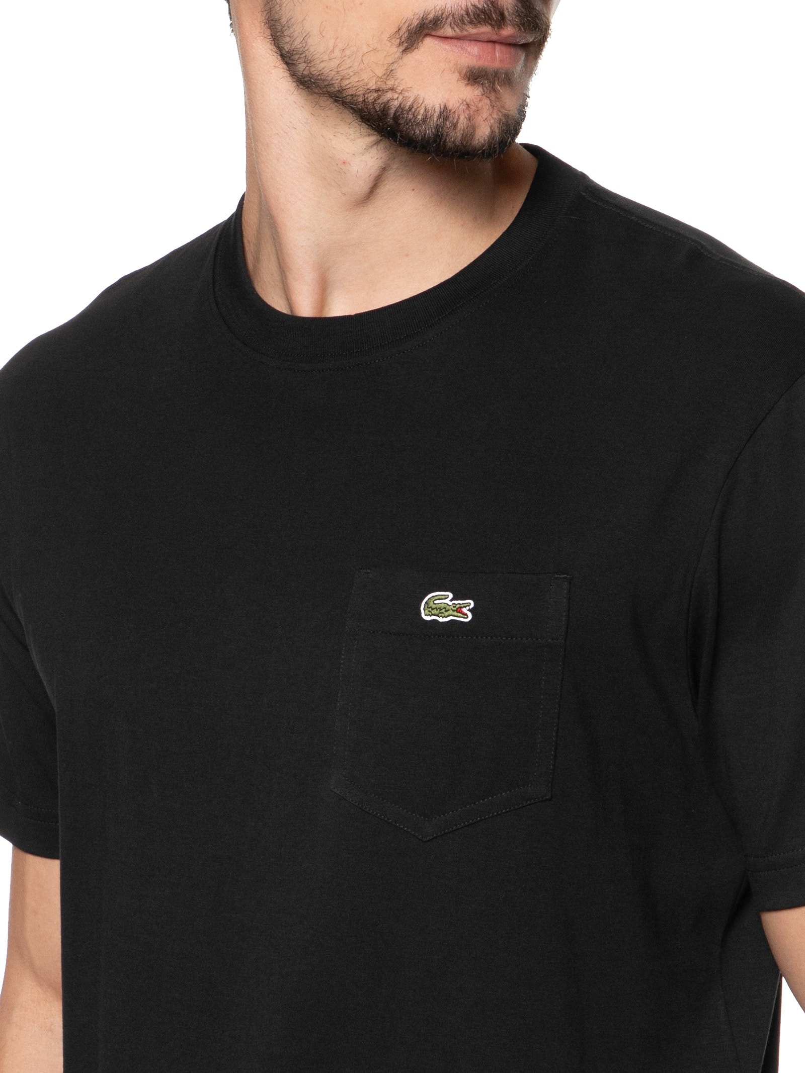 Camiseta Masculina Classic Fit Com Bolso No Peito Em Algodão Orgânico Preto Lacoste