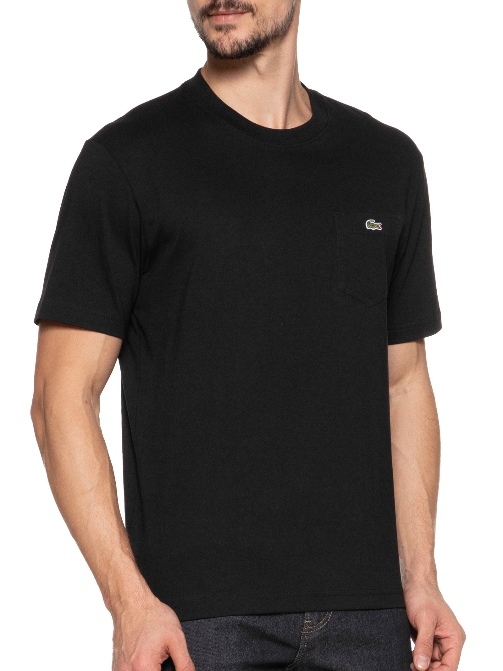 Camiseta Masculina Classic Fit Com Bolso No Peito Em Algodão Orgânico Preto Lacoste