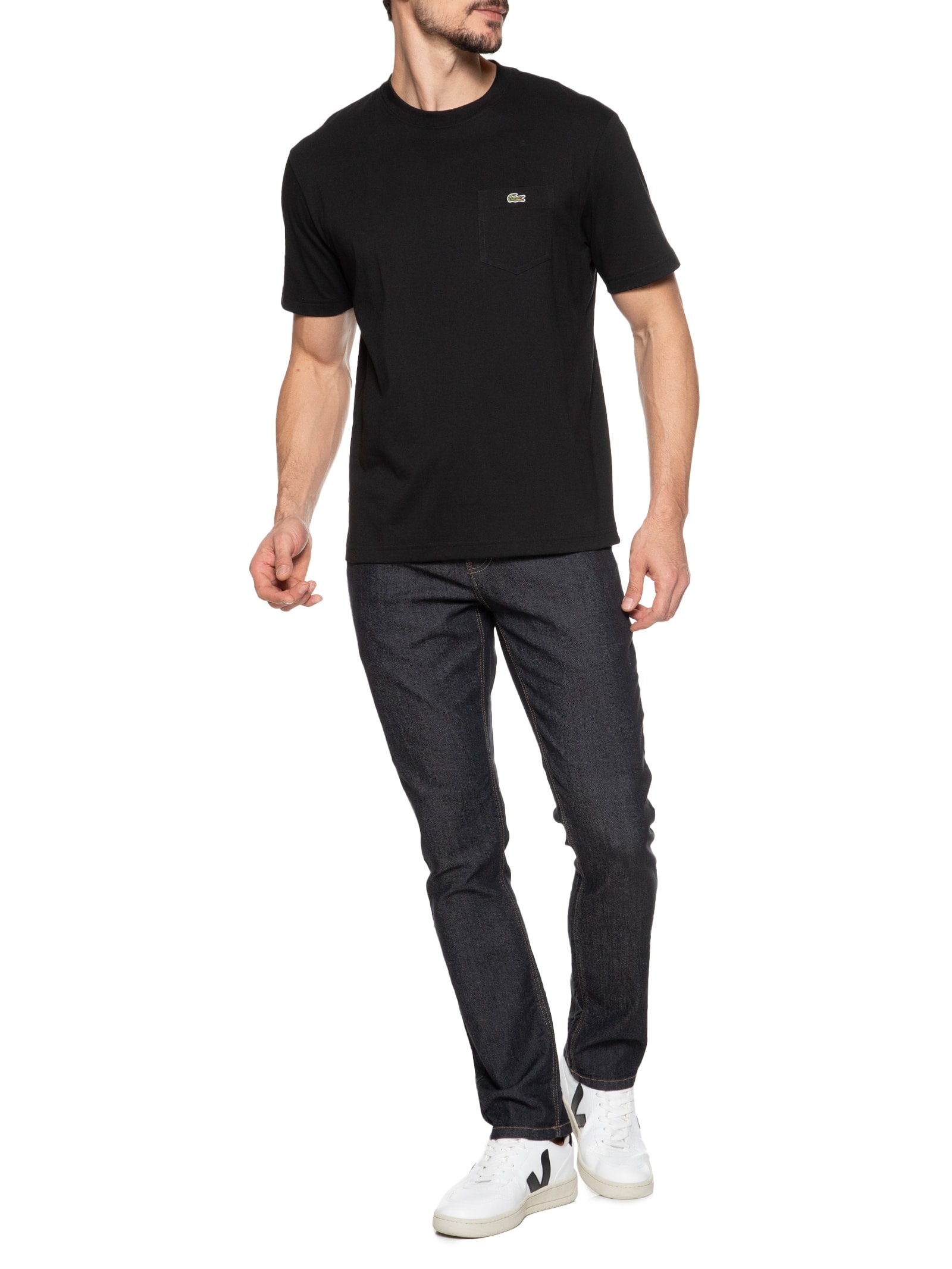 Camiseta Masculina Classic Fit Com Bolso No Peito Em Algodão Orgânico Preto Lacoste