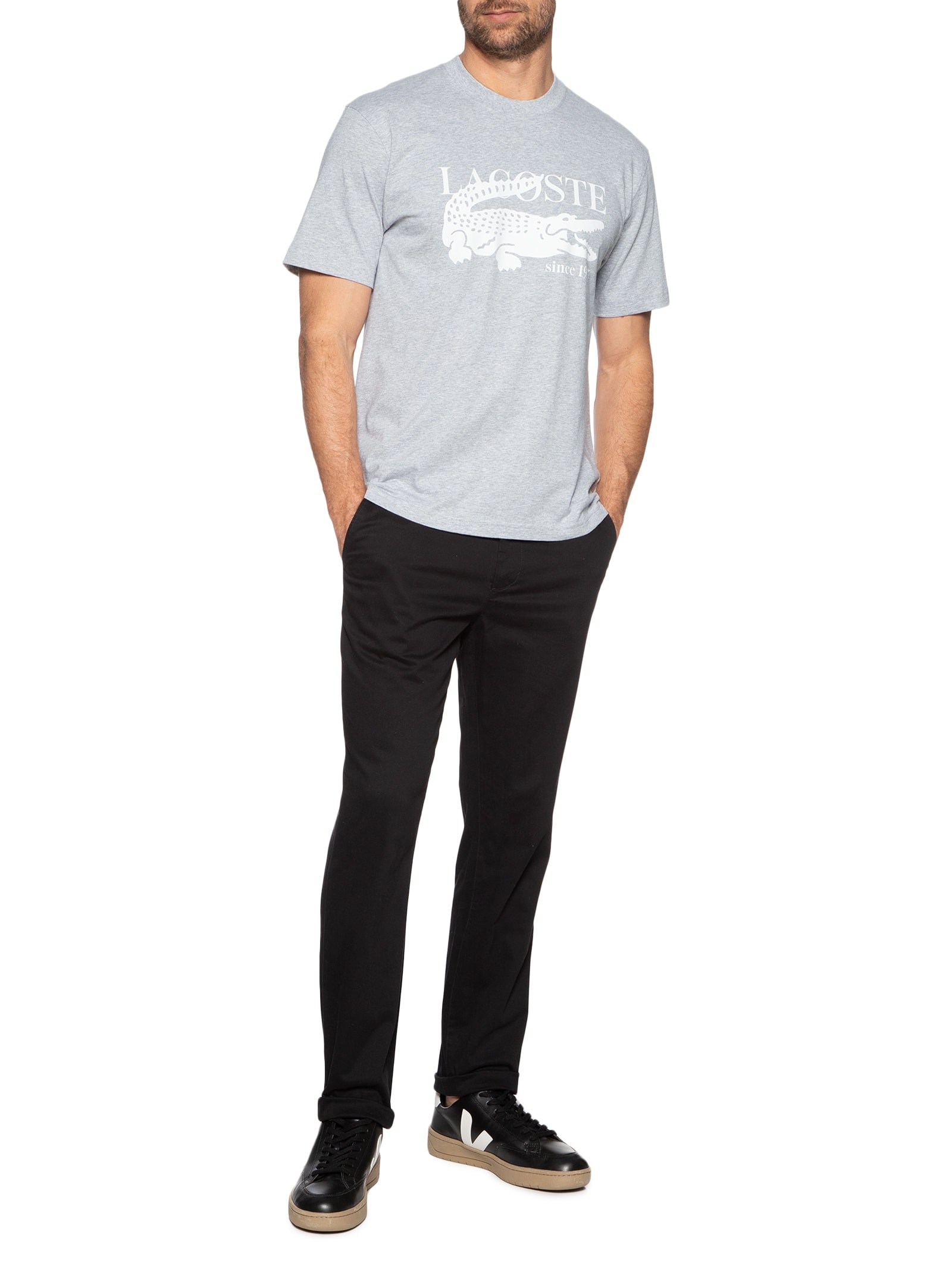 Camiseta Masculina Classic Fit Estampa Crocodilo Cinza Lacoste