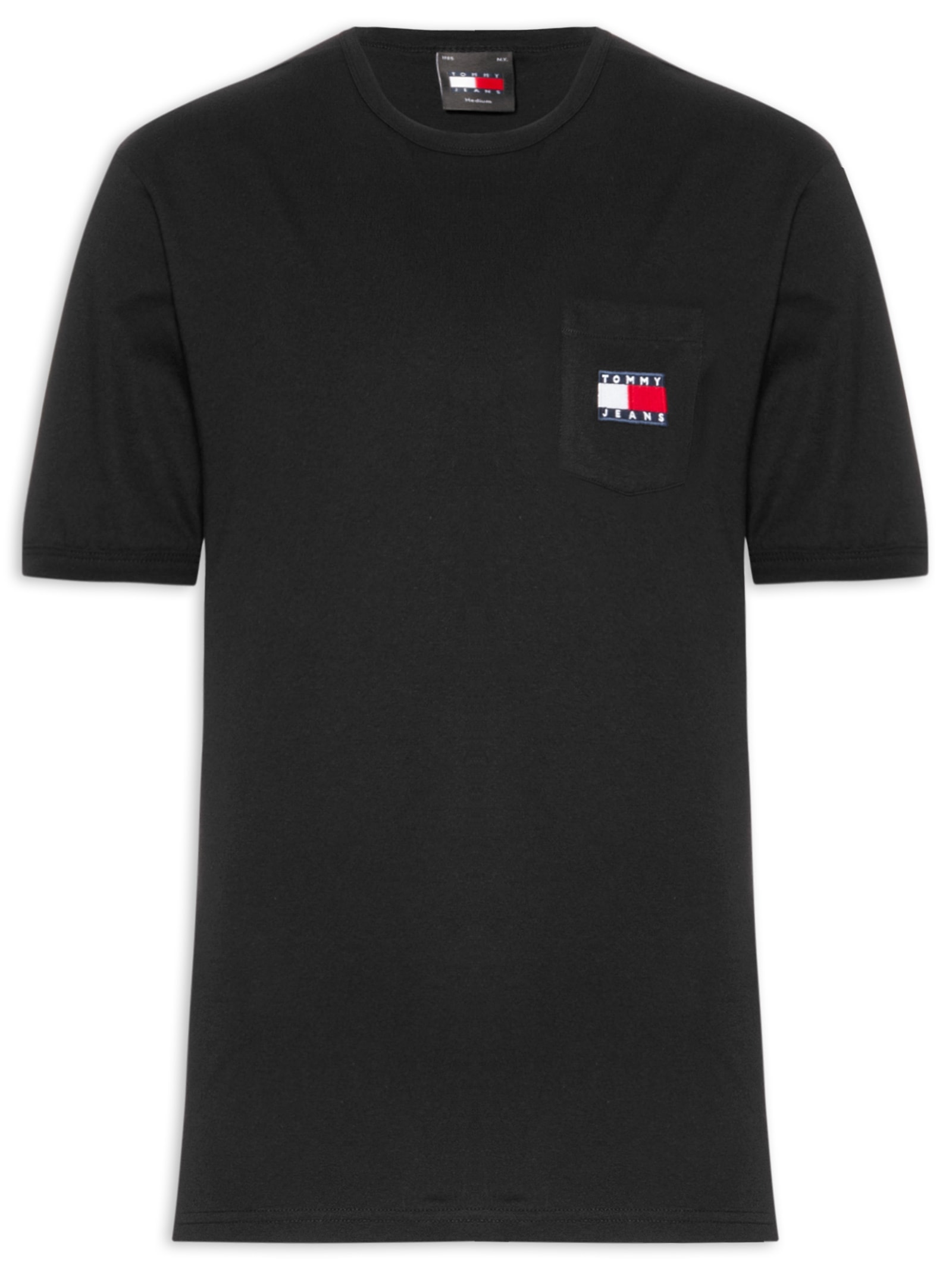 Camiseta Masculina Com Bolso Emblema Regular Fit Em Algodão Preto Tommy Jeans