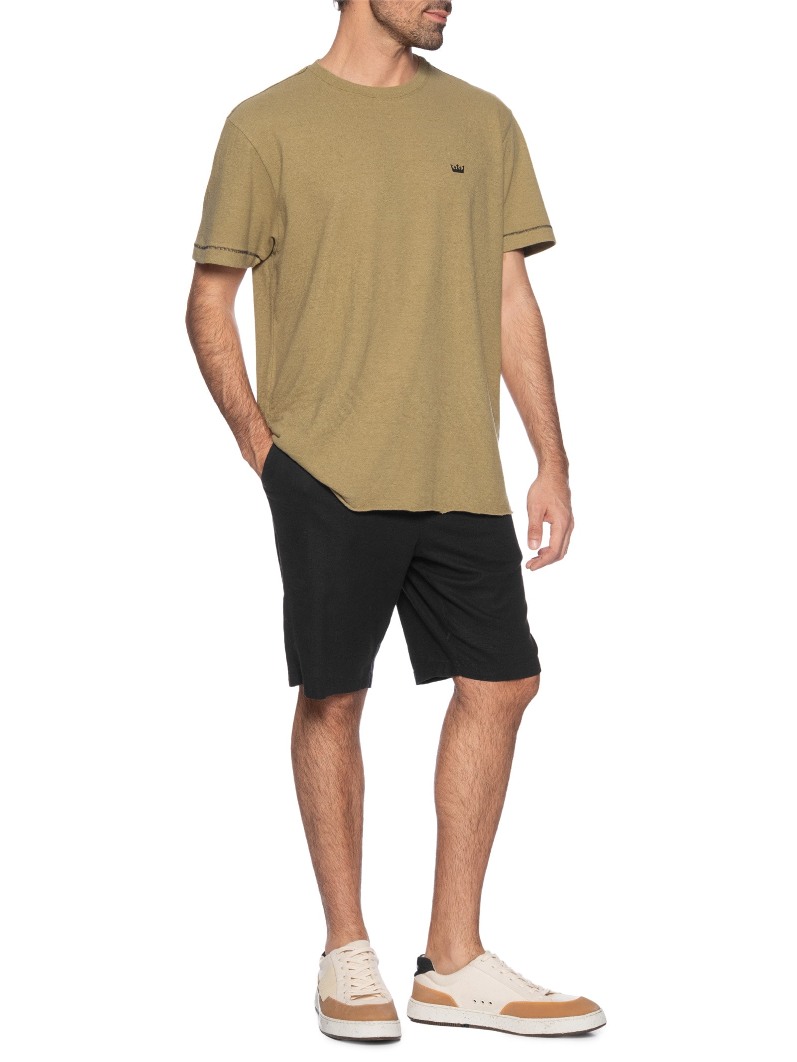 Camiseta Masculina Coroa Rustic Contrast Seam Manha Curta Bege Osklen