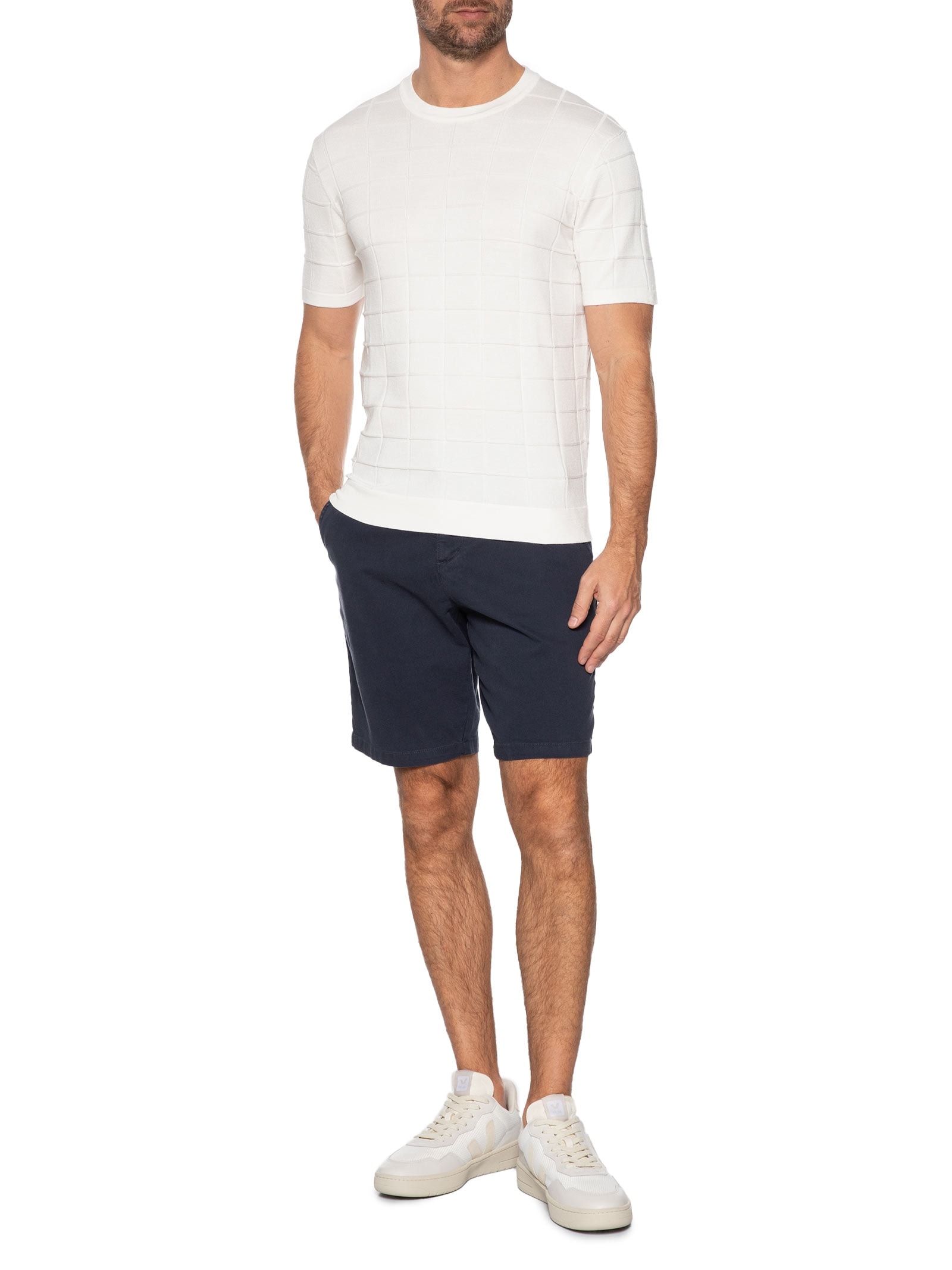 Camiseta Masculina Em Tricot Com Jacquard Quadriculado Branco   Aramis