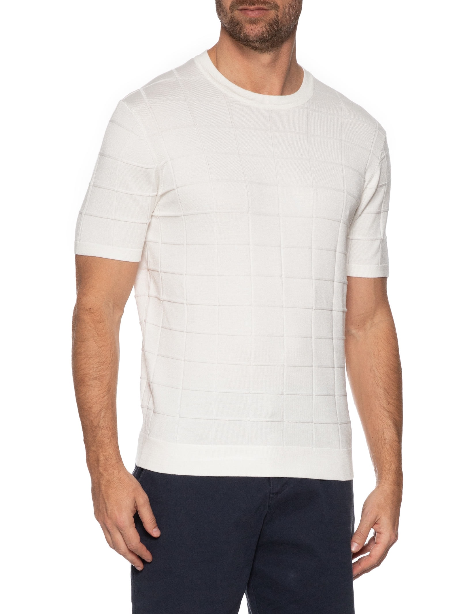 Camiseta Masculina Em Tricot Com Jacquard Quadriculado Branco   Aramis