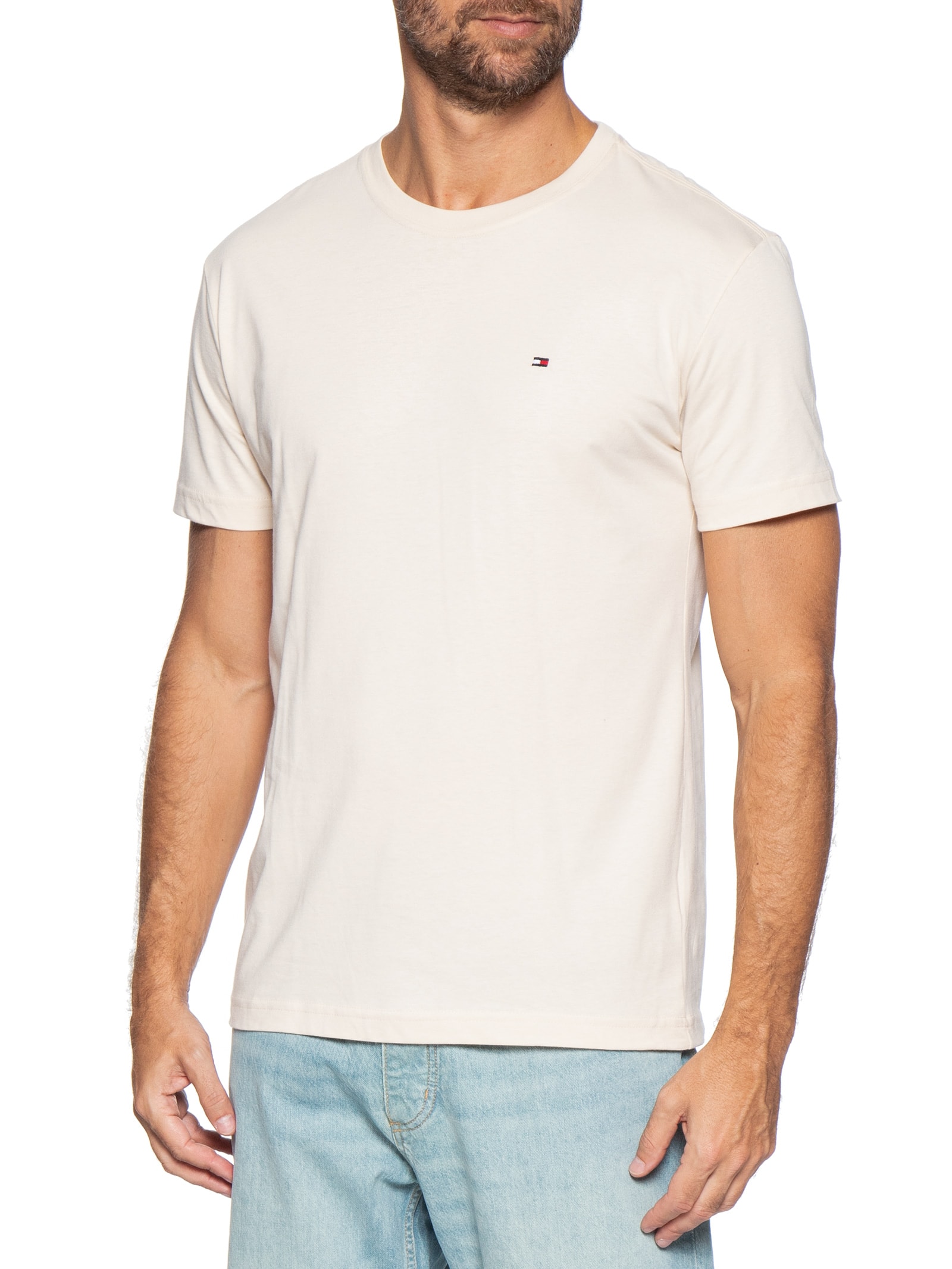 Camiseta Masculina Essential Regular Fit C-Nk Em Algodão Bege Tommy Hilfiger