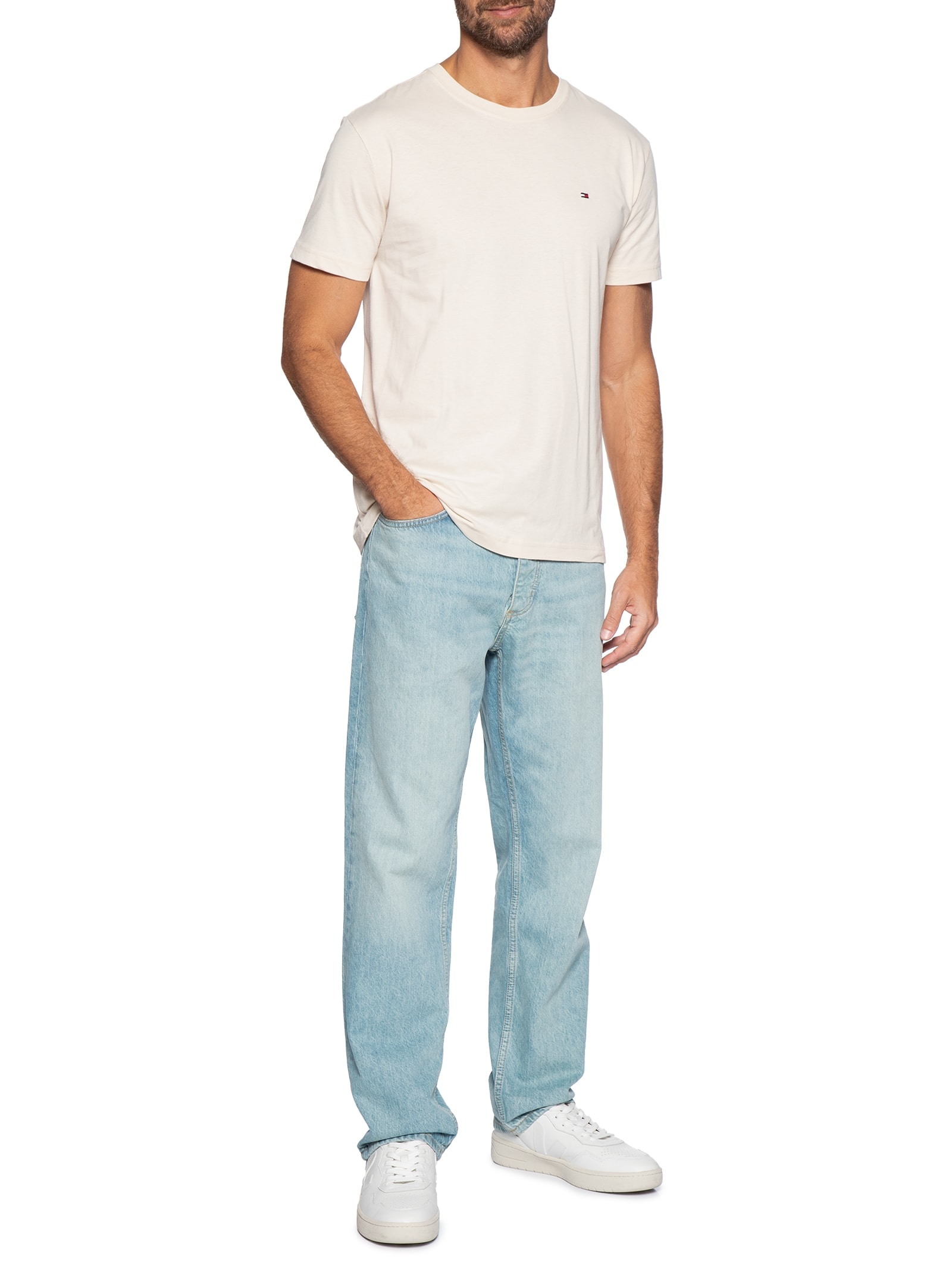 Camiseta Masculina Essential Regular Fit C-Nk Em Algodão Bege Tommy Hilfiger
