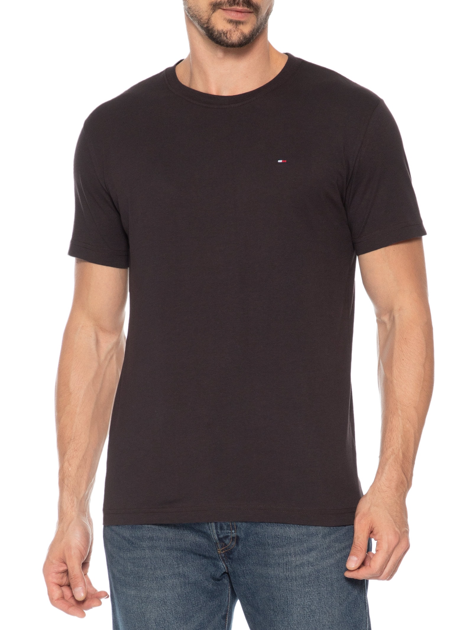Camiseta Masculina Essential Regular Fit Gola Careca Em Algodão Marrom Tommy Hilfiger