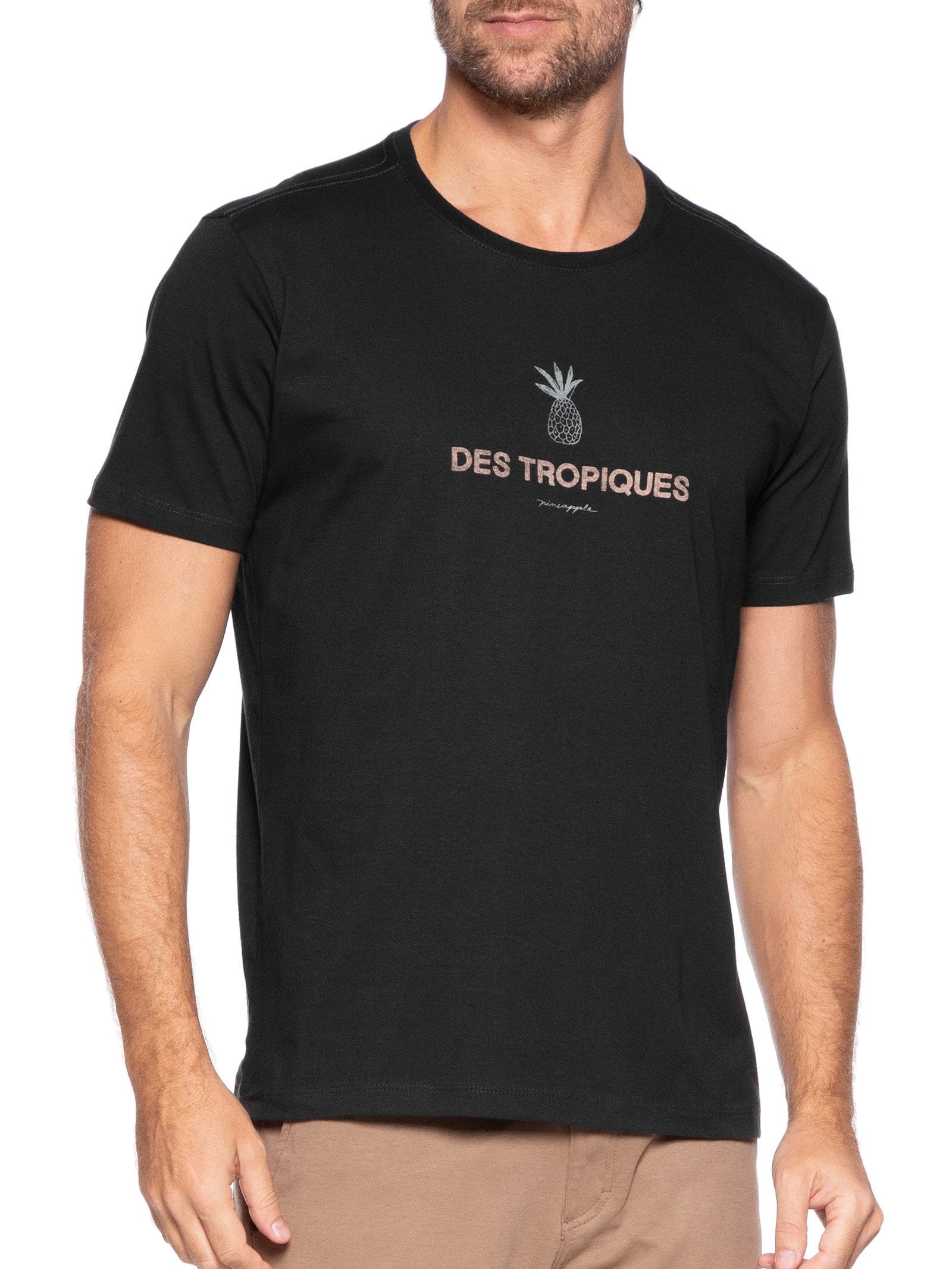 Camiseta Masculina Estampa de Tropiques em Algodão Preto Pineapple