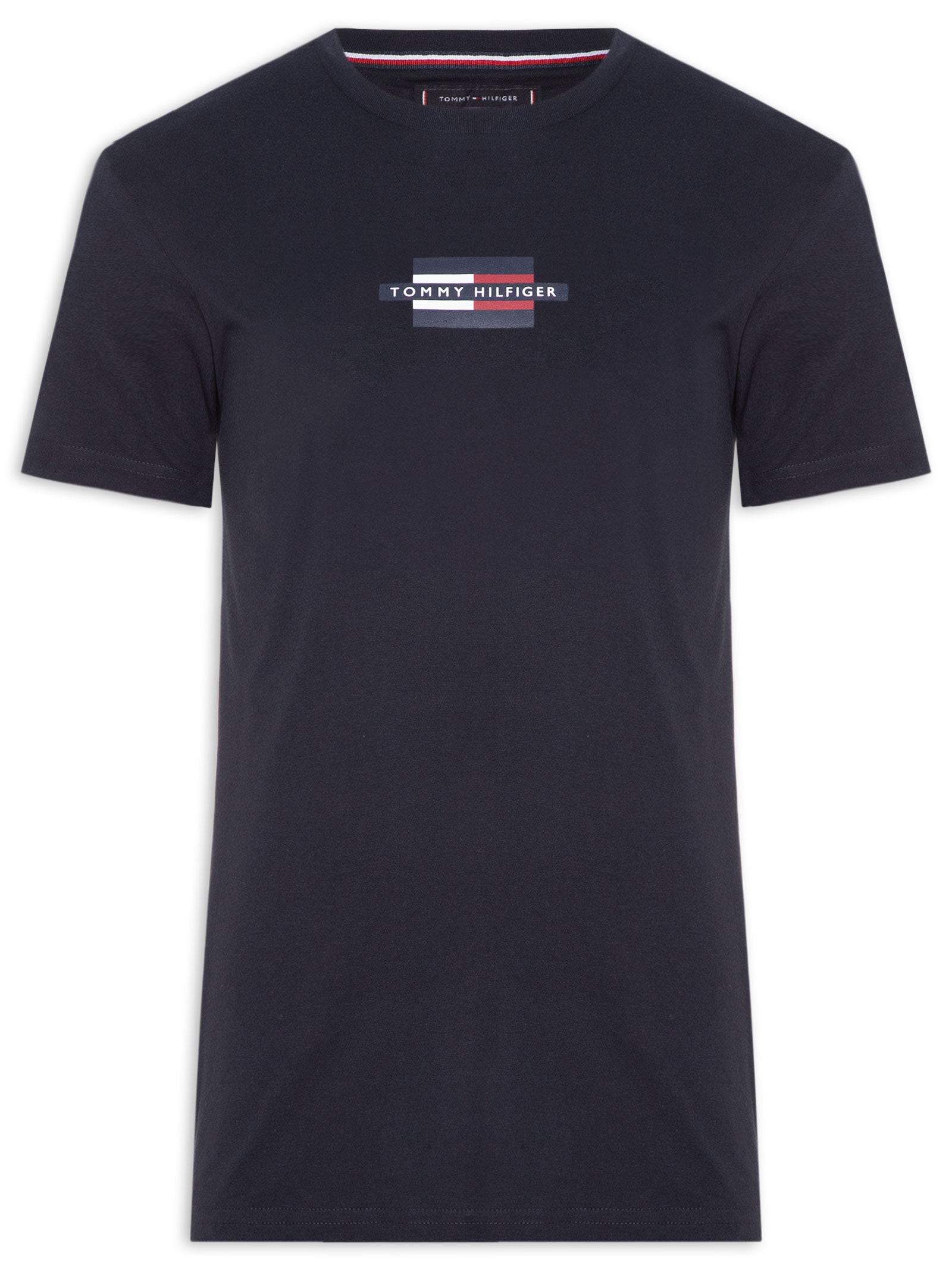Camiseta Masculina Estampa Flag Box Regular Fit Em Algodão Azul Tommy Hilfiger