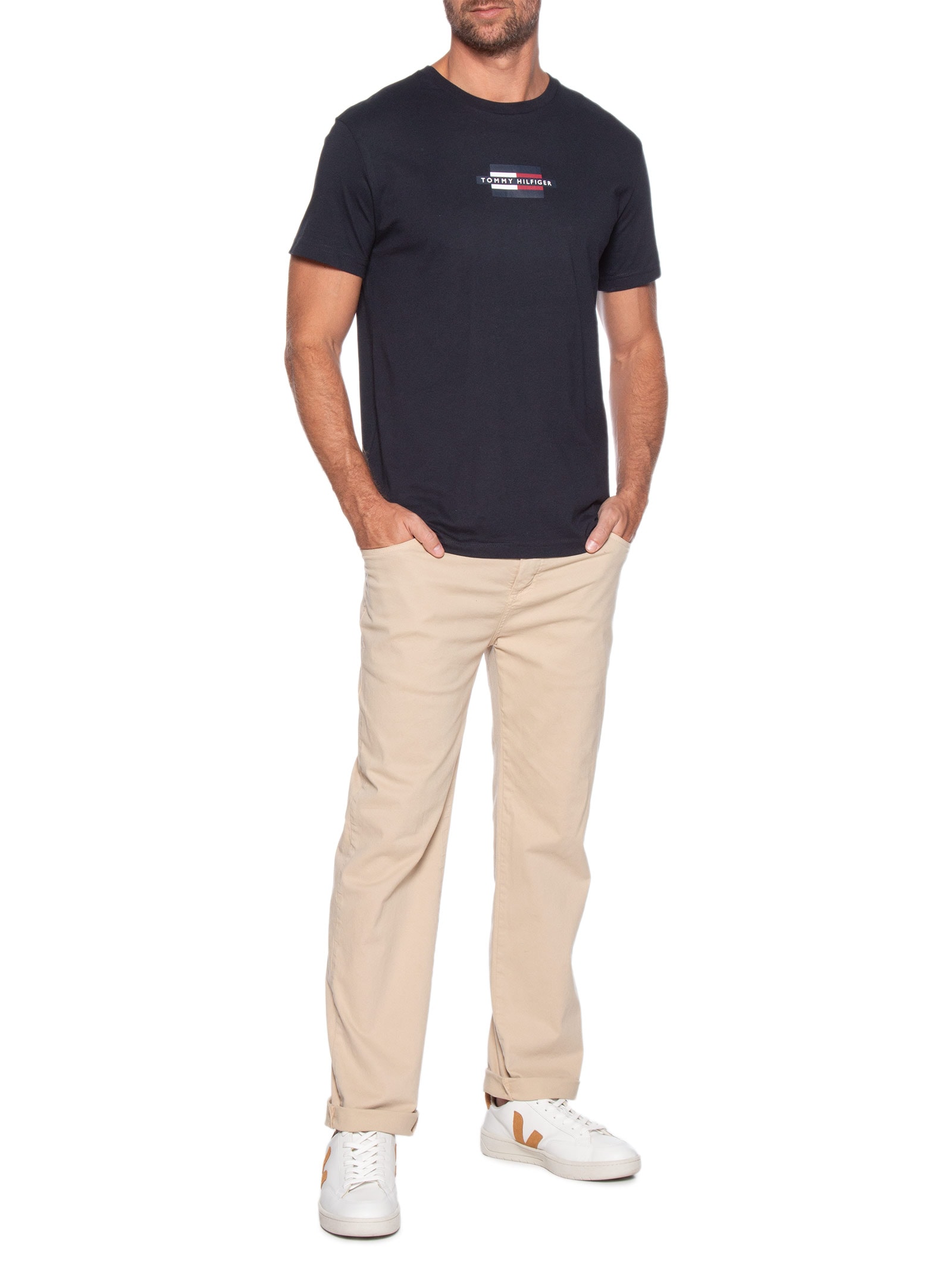 Camiseta Masculina Estampa Flag Box Regular Fit Em Algodão Azul Tommy Hilfiger