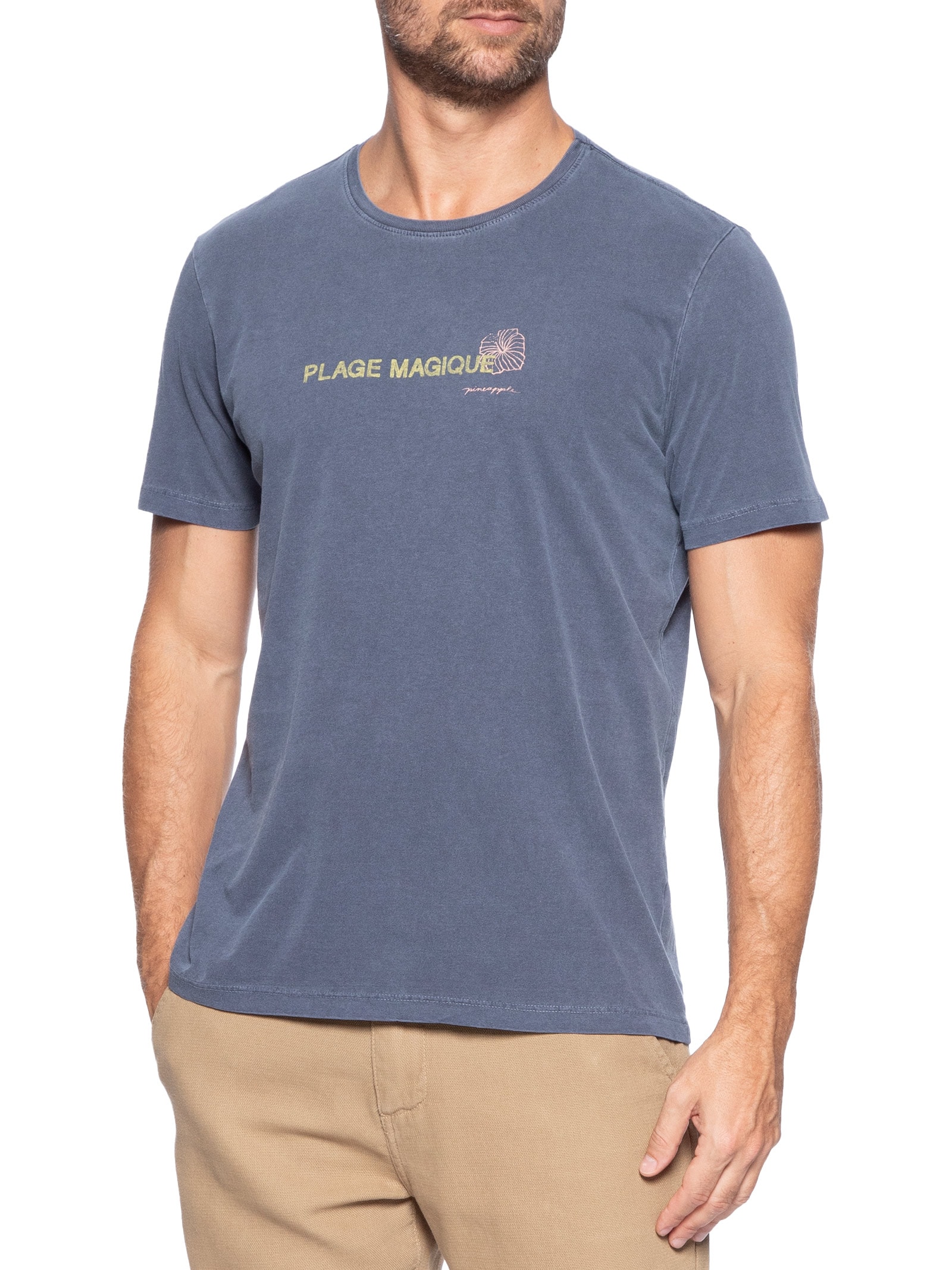 Camiseta Masculina Estampa Plage Magique Stone Azul Pineapple
