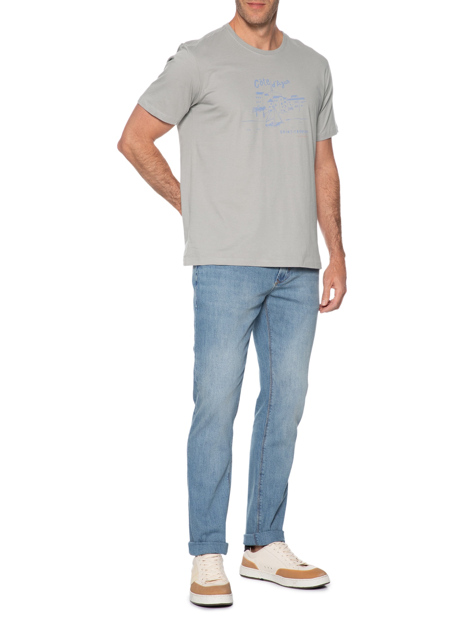 Camiseta Masculina Estampada Côte D'Azur Cinza Pineapple