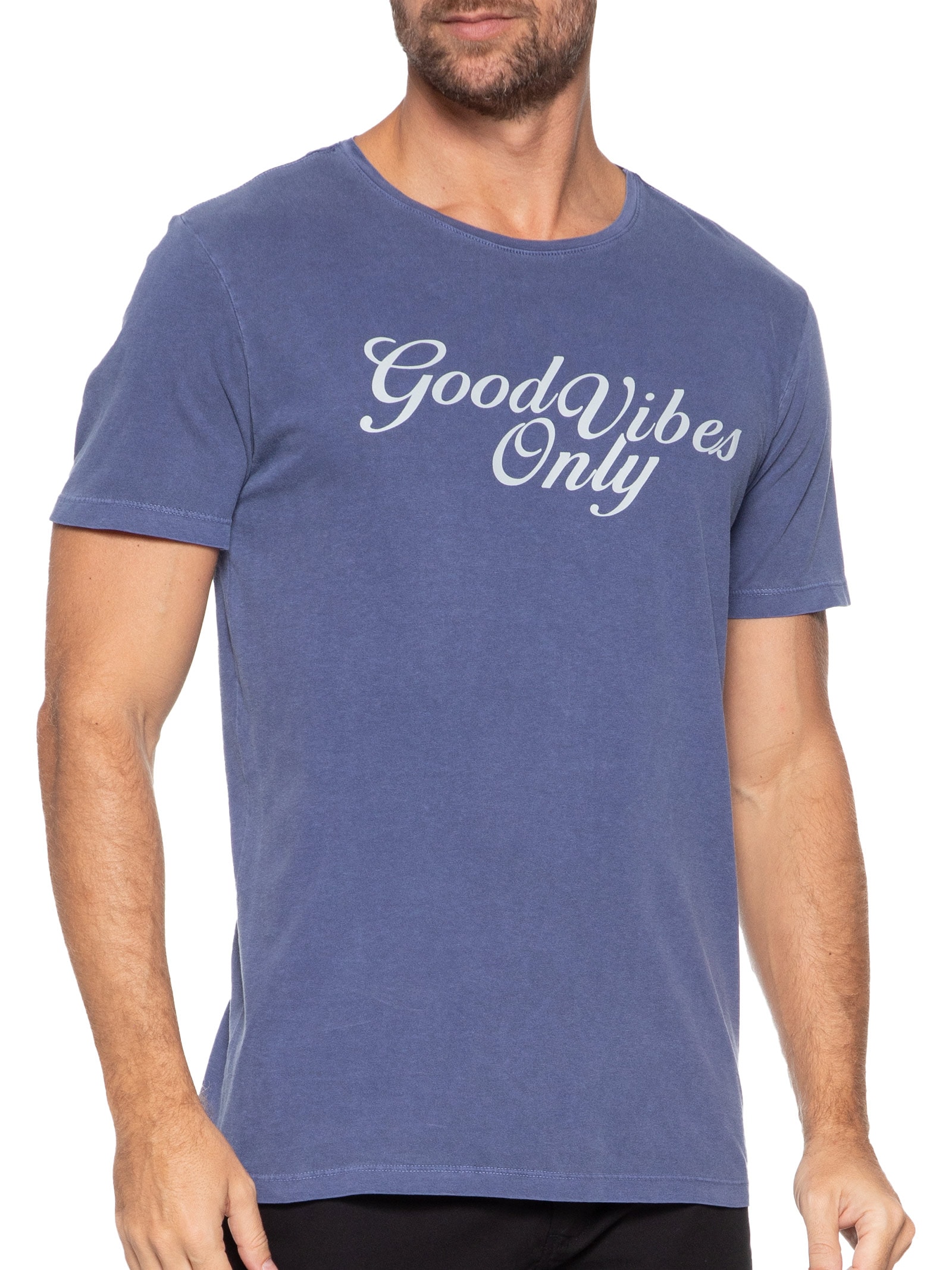 Camiseta Masculina Estampada Good Vibes Only Azul Sergio K