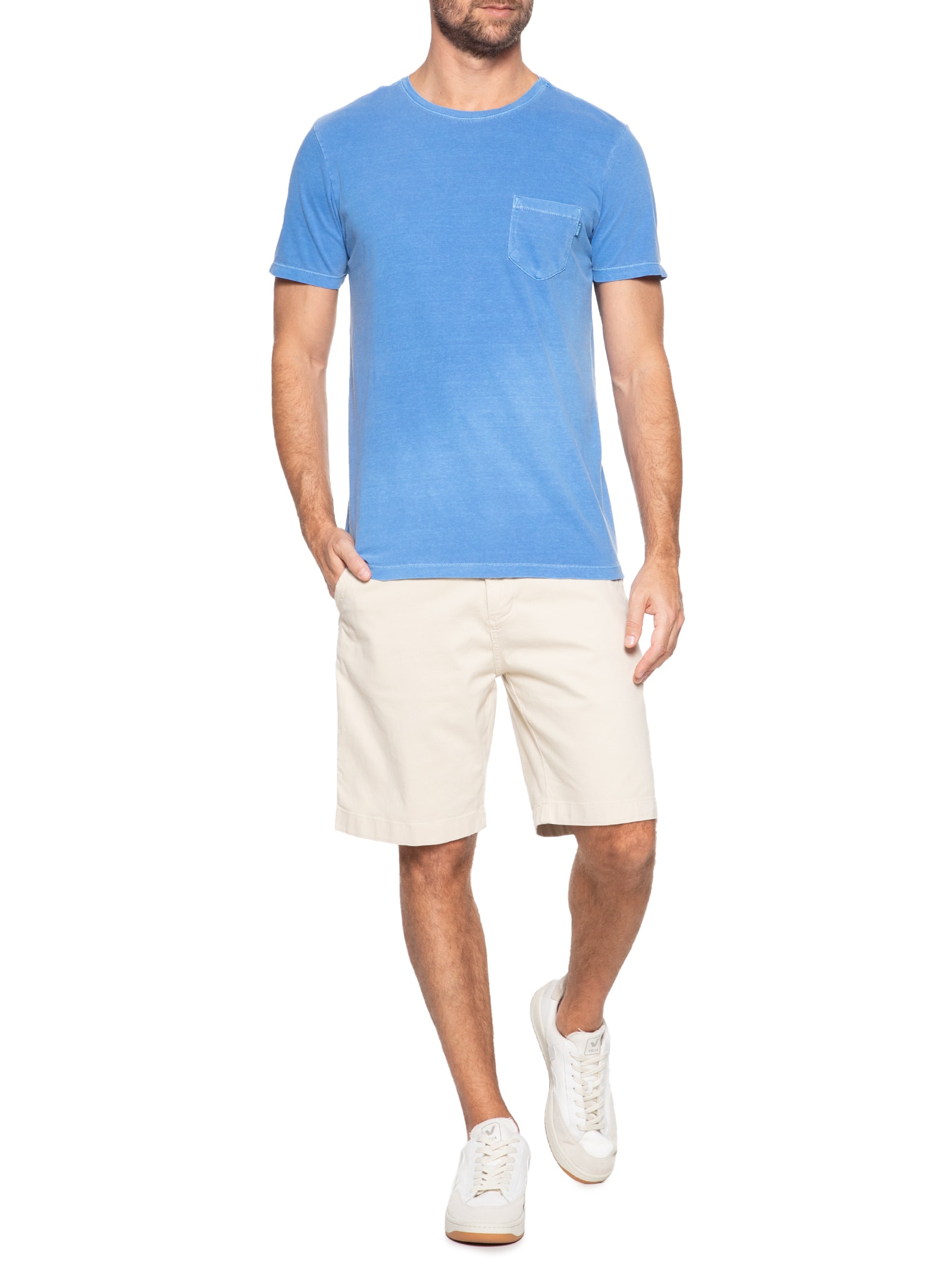 Camiseta Masculina Estonada Com Bolso Gola Careca Azul Sergio K