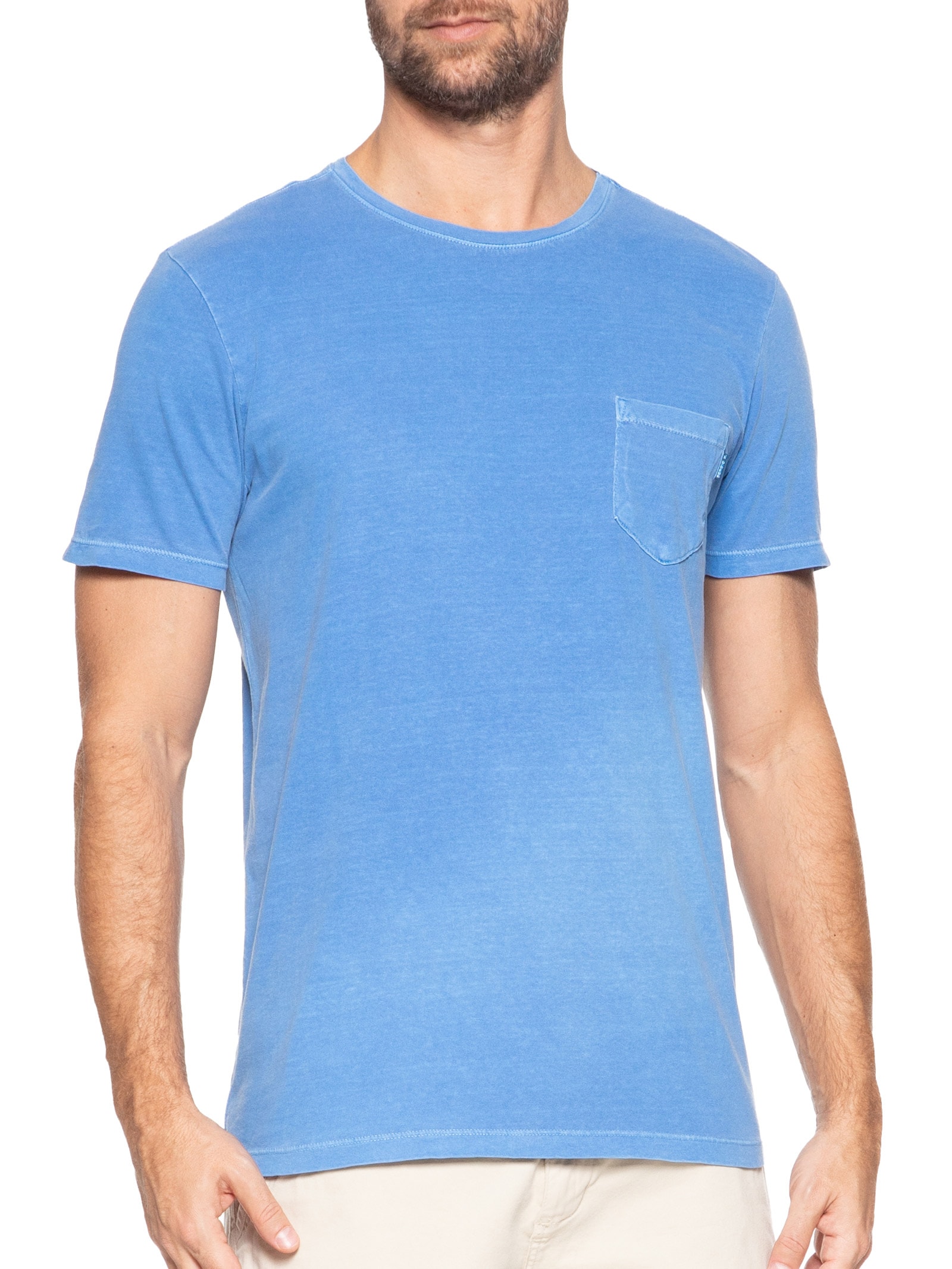Camiseta Masculina Estonada Com Bolso Gola Careca Azul Sergio K