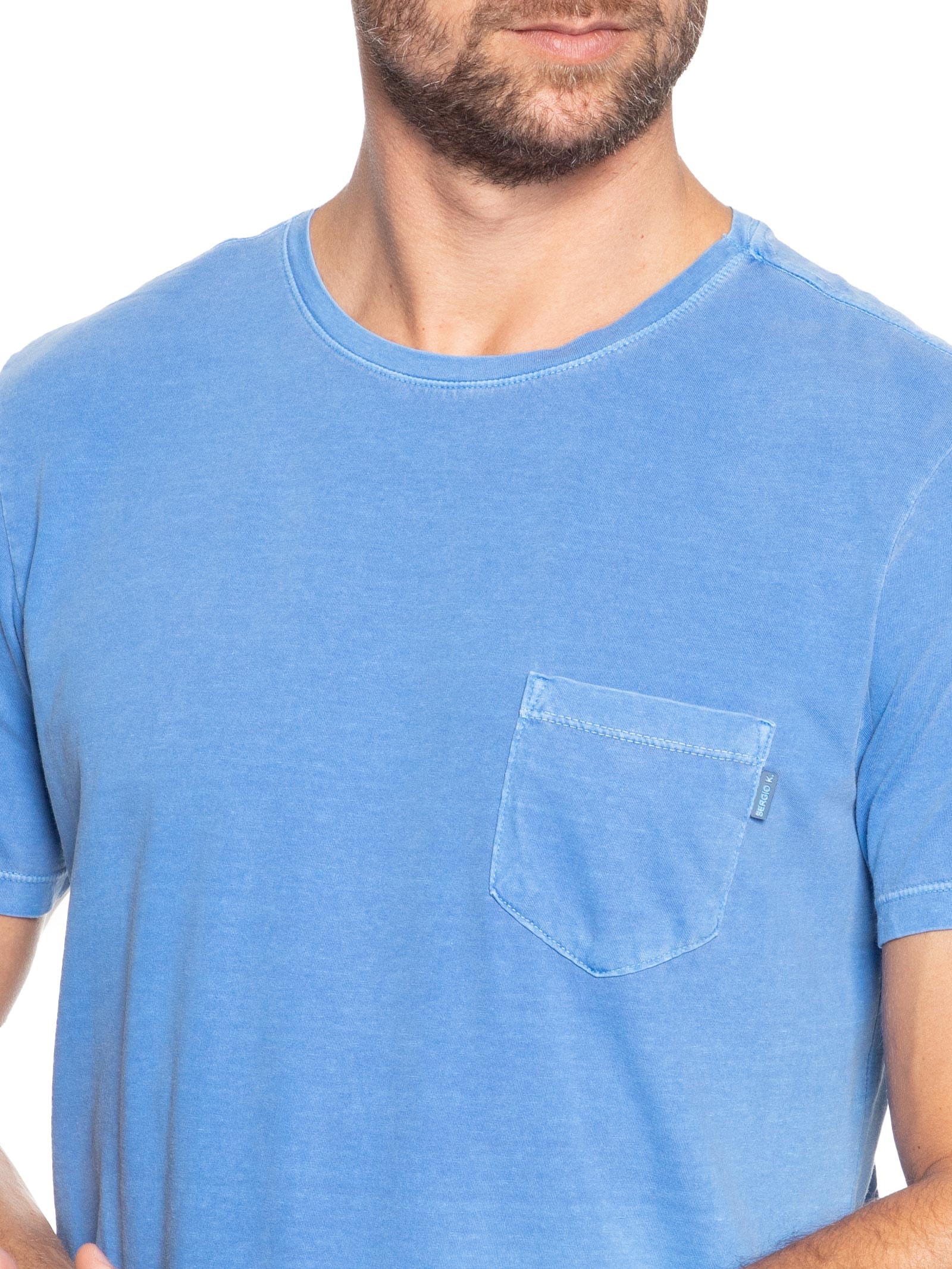 Camiseta Masculina Estonada Com Bolso Gola Careca Azul Sergio K